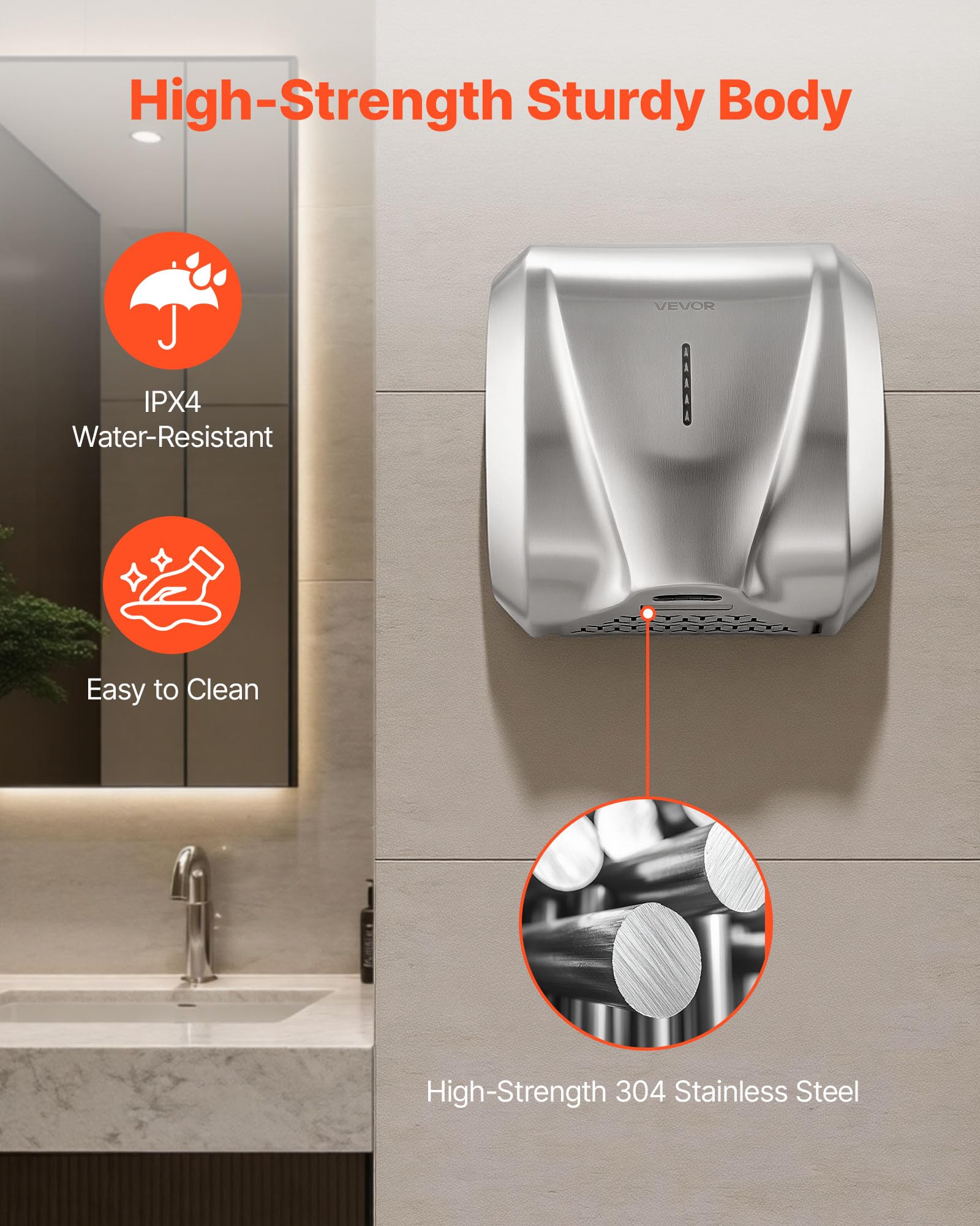 VEVOR Sèche-Mains Automatique Mural Électrique 1800 W avec Filtre HEPA, Sèche-Mains Professionnel pour Toilettes, Salle de Bain, Hôtel, Bureau, Restaurant et Maison, Boîtier en Acier Inoxydable Brossé