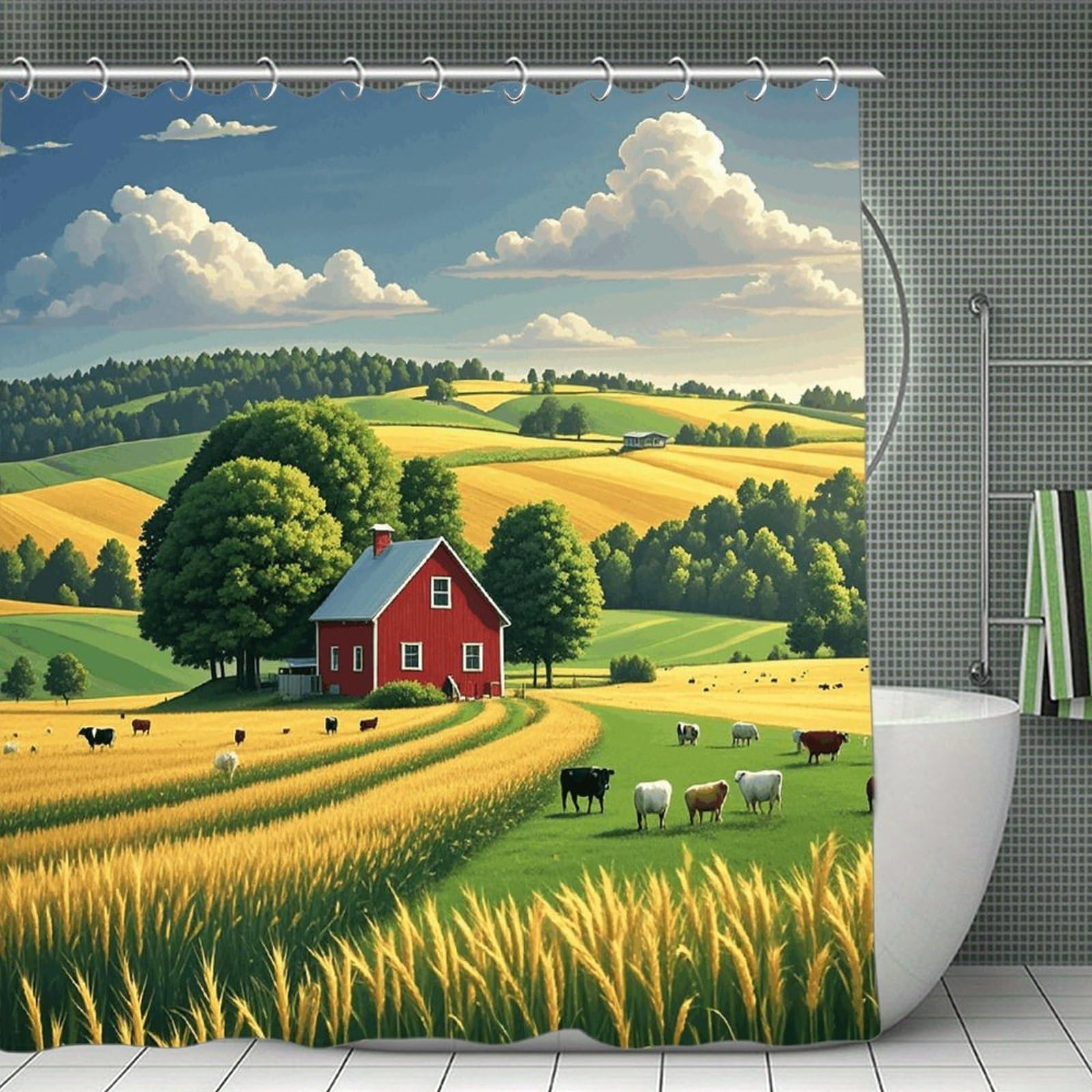 FekiLoot Country Farm Shower Curtain Minimalist Thick Bathroom Curtain Washable Modern Bathroom Shower Curtain Heavy Duty Waterproof Cloth Bath Curtain with Hooks 70.8"x70.8"