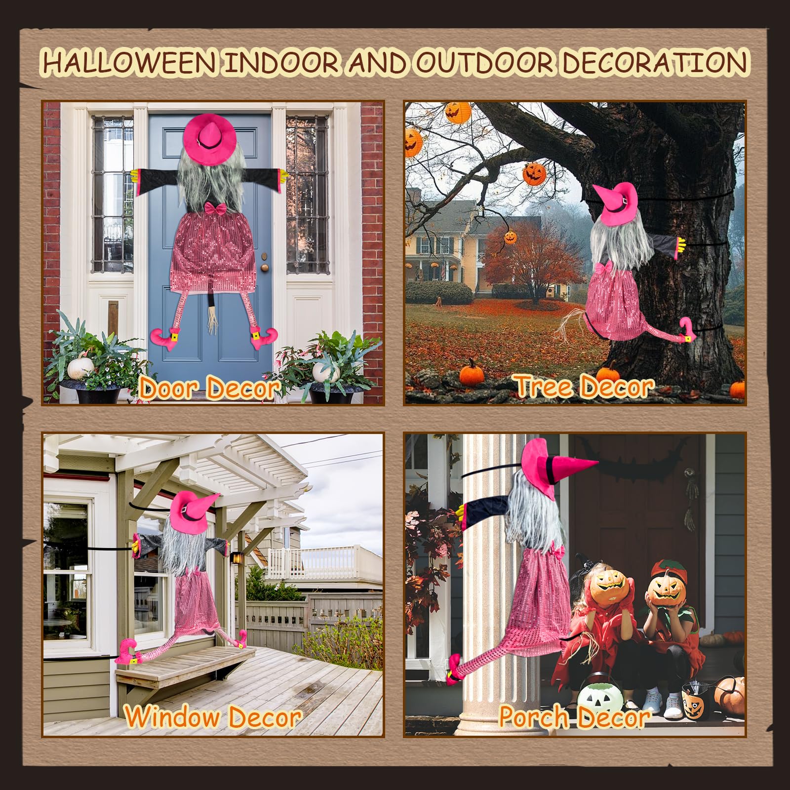 Mewcooss 67" Large Crashing Witch Halloween Decor - Pink Witch Halloween Decor Crashing into Tree Props Halloweens Flying Witches Decoration with Broom for Outdoor Backyard Garden & Lawn: Pink and Black