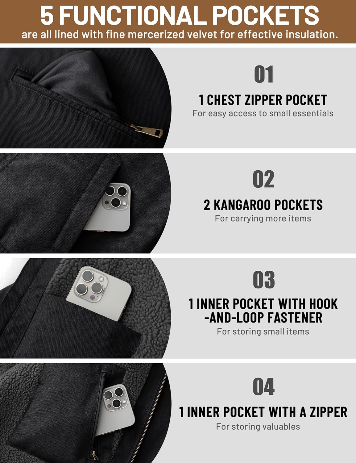 TACVASEN Men's Work Utility Jackets Duck Canvas Waterproof Jackets Heavy Duty Coats Winter Sherpa Fleece Lined Hoodies - Image 6