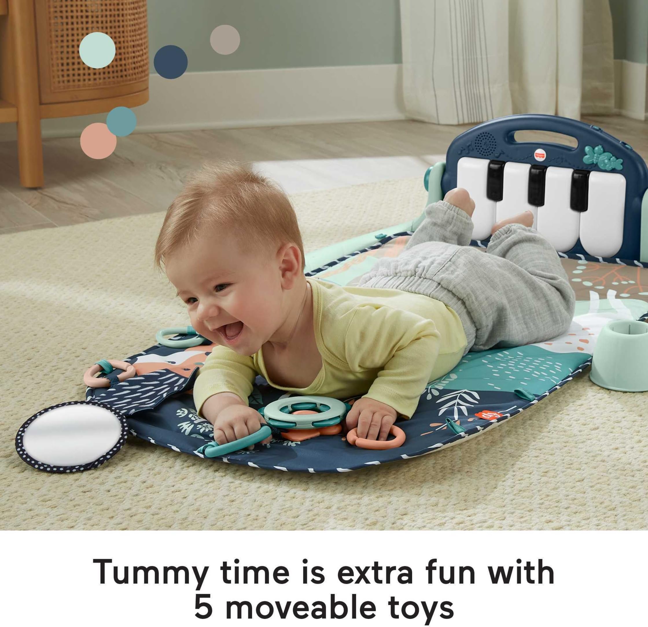 Fisher-Price Gimnasio-Piano pataditas Alfombra de Juego para bebés con Juguetes Musicales y sensoriales para recién Nacidos y niños pequeños, Azul Marino y Beige, JMN75