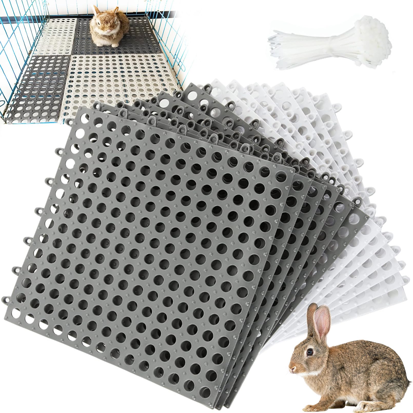 Niwaes Rabbit Cage Mat for Feet-12 Pack Plastic Bunny Resting Mats 12x12 Washable Pet Foot Pad with Holes for Adult Guinea Pig Chinchilla Ferret Squirrel (6 Grey & 6 White)