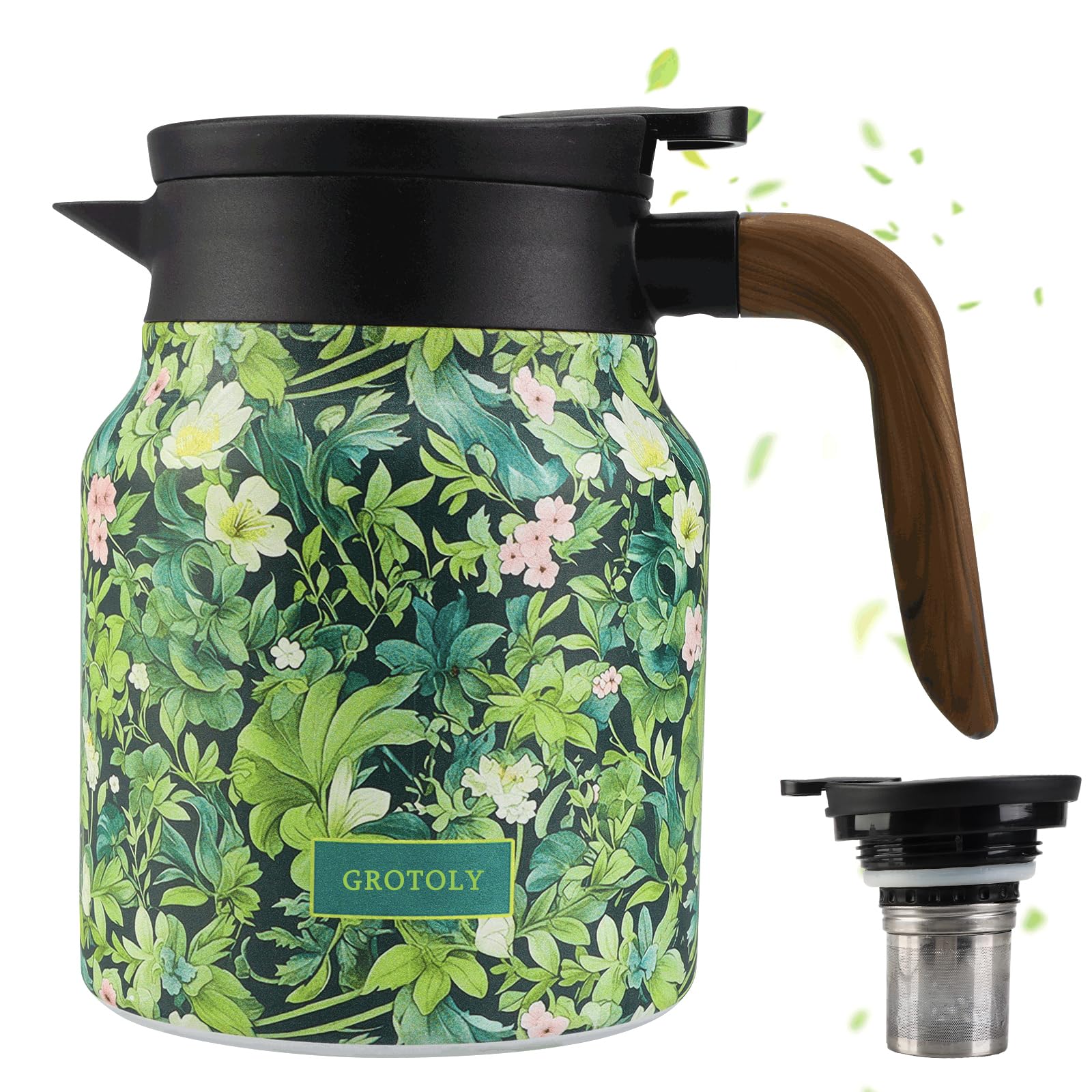2025 New Vintage Floral Pattern Tea Thermos – Built-in Infuser 1L Green Tea Thermos with Infuser Stainless Steel Thermos Insulated Tea Pot Floral Coffee Pot for Home Kitchen Office