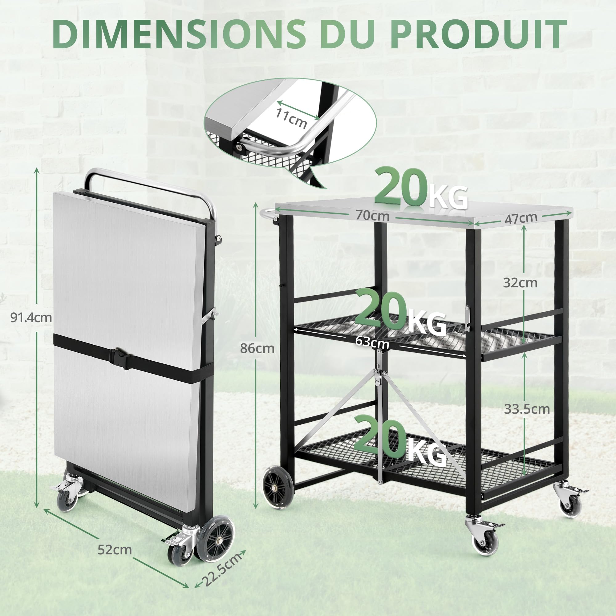 LUE BONA Desserte Jardin,Chariot de Barbecue 2 Niveaux,Desserte Extérieur pour Barbecue avec 4 roulettes Verrouillables e Crochets pour BBQ,Four a Pizza,70 x 47 x 86 cm,Nero
