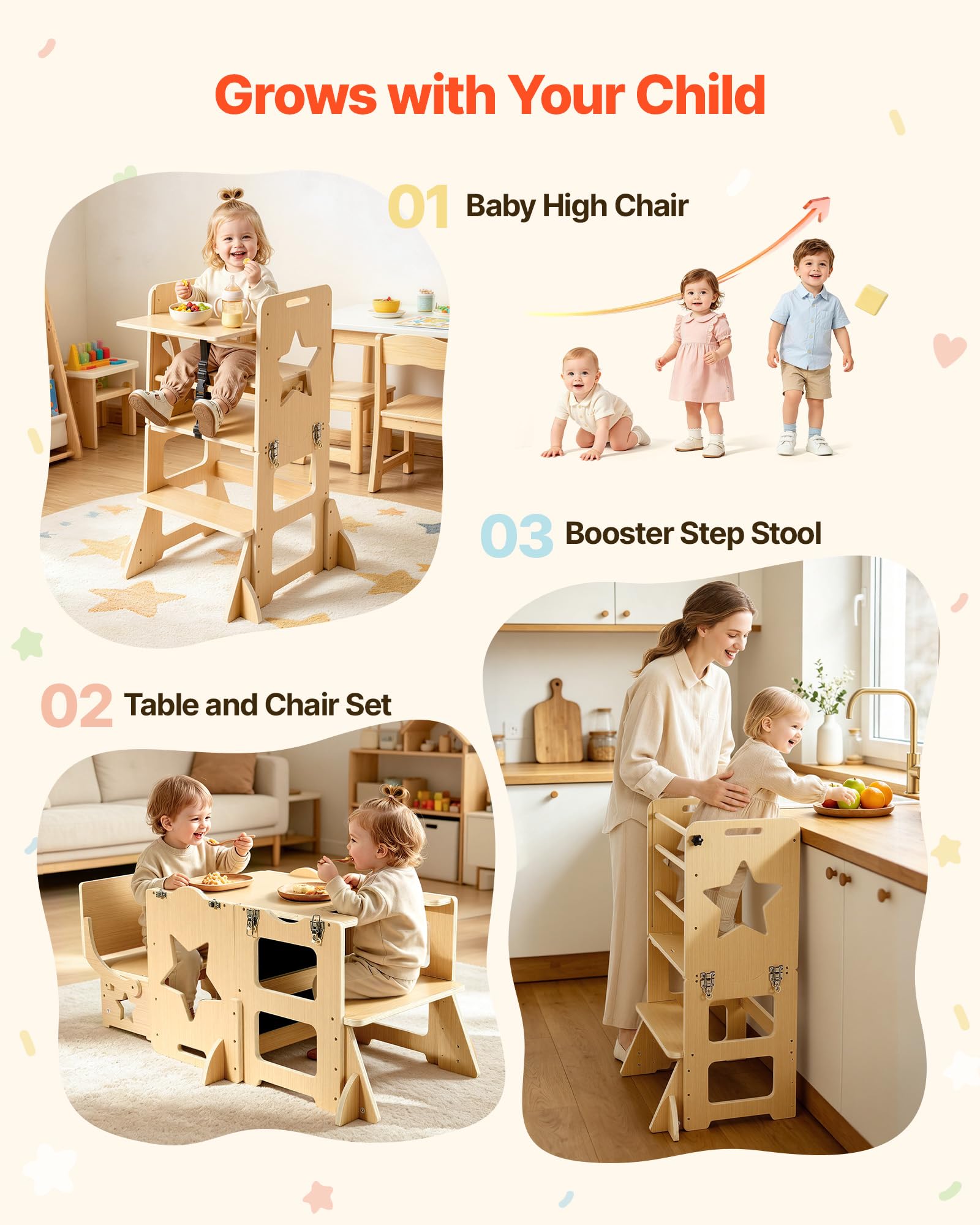 VEVOR Set Tavolo e Sedia Montessori Svezzamento, Seggiolone Multifunzioni | 6 in 1, con Lavagna e Vassoio per la Pappa, Materiale Legno, per Bagno e Bancone Cucina Apprendimento Bambini in Crescita