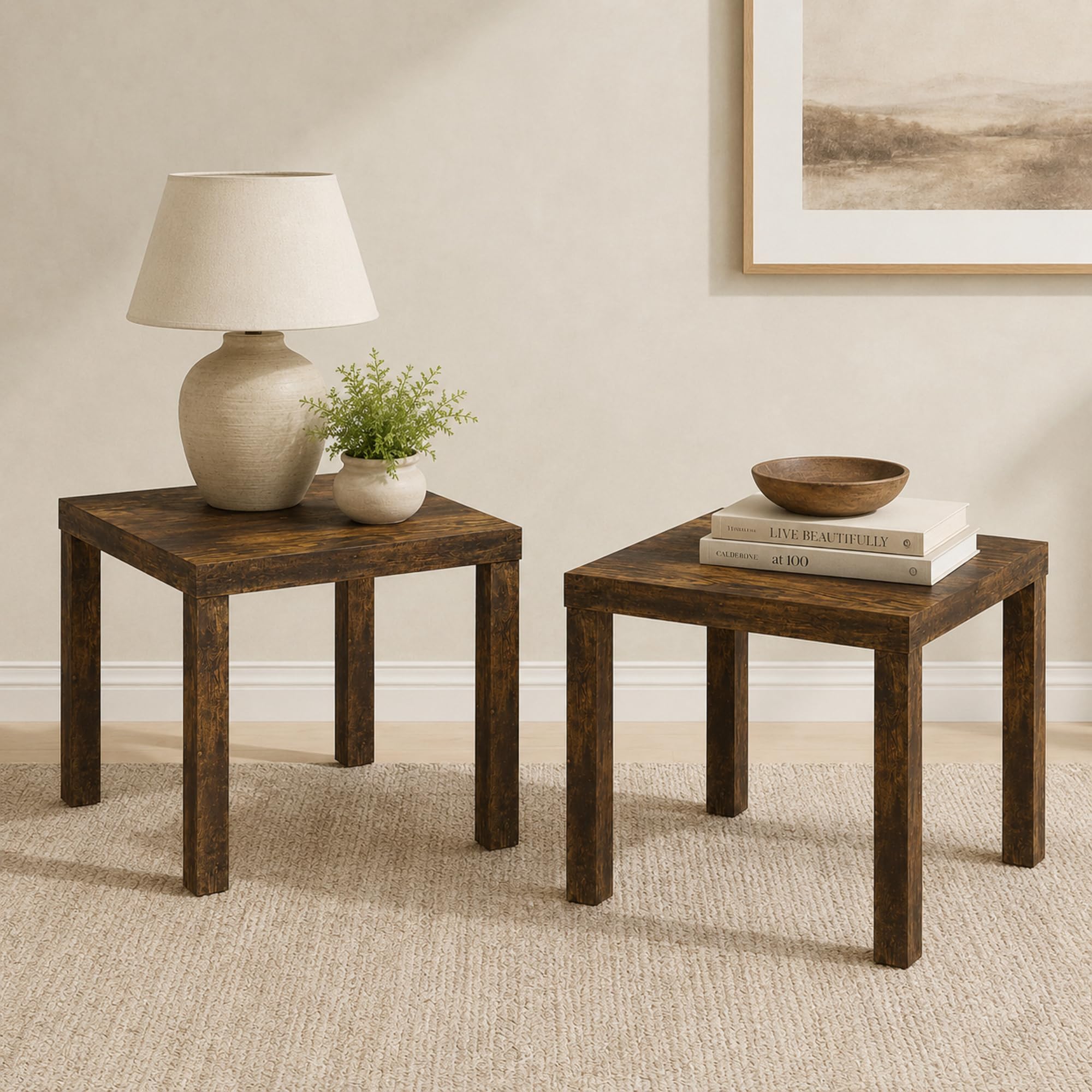 Furinno CLASSIC Toolless Assembly Square Side Table Set of 2, Rustic Brown End Table with 1.8 Thick Tabletop, Night Stand, Bedside Table, for Living Room, Bedroom, Amber Oak