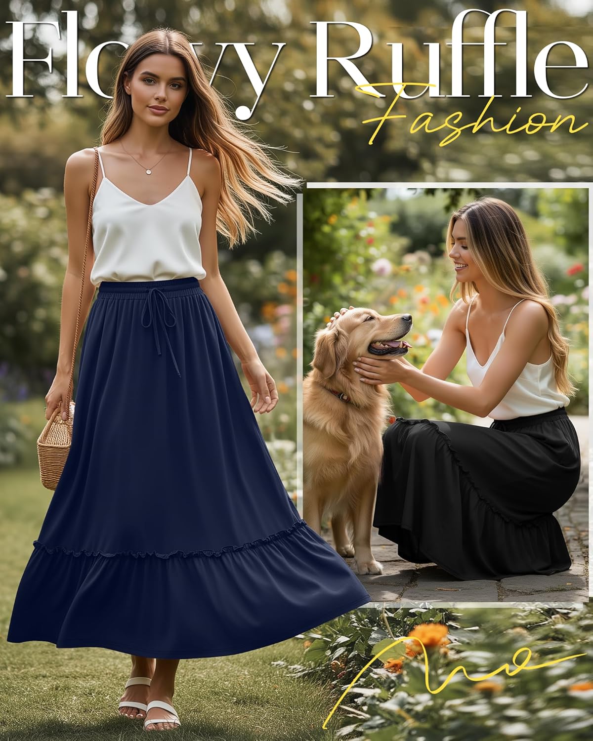 Ficerd 3 Pack Women's Boho Maxi Skirts, Long Tiered Skirt Flowy Ruffle High Waist Drawsting Casual Dress with Pockets - Image 4