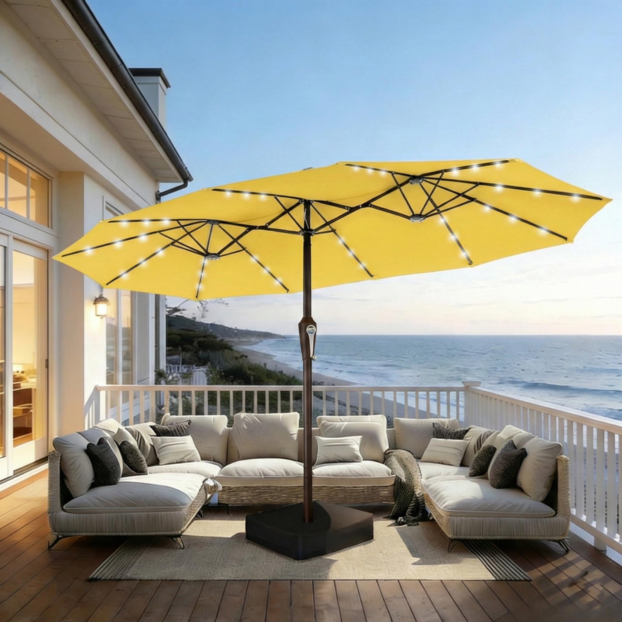 Photo 1 of Patio Kingdom 15FT Patio Umbrella with Solar Lights, Double-Sided Extra Large Outdoor Table Umbrella with Base Included, Heavy-Duty 12 Iron Ribs Market Umbrella for Garden, Pool, Backyard, Sunshine Yellow