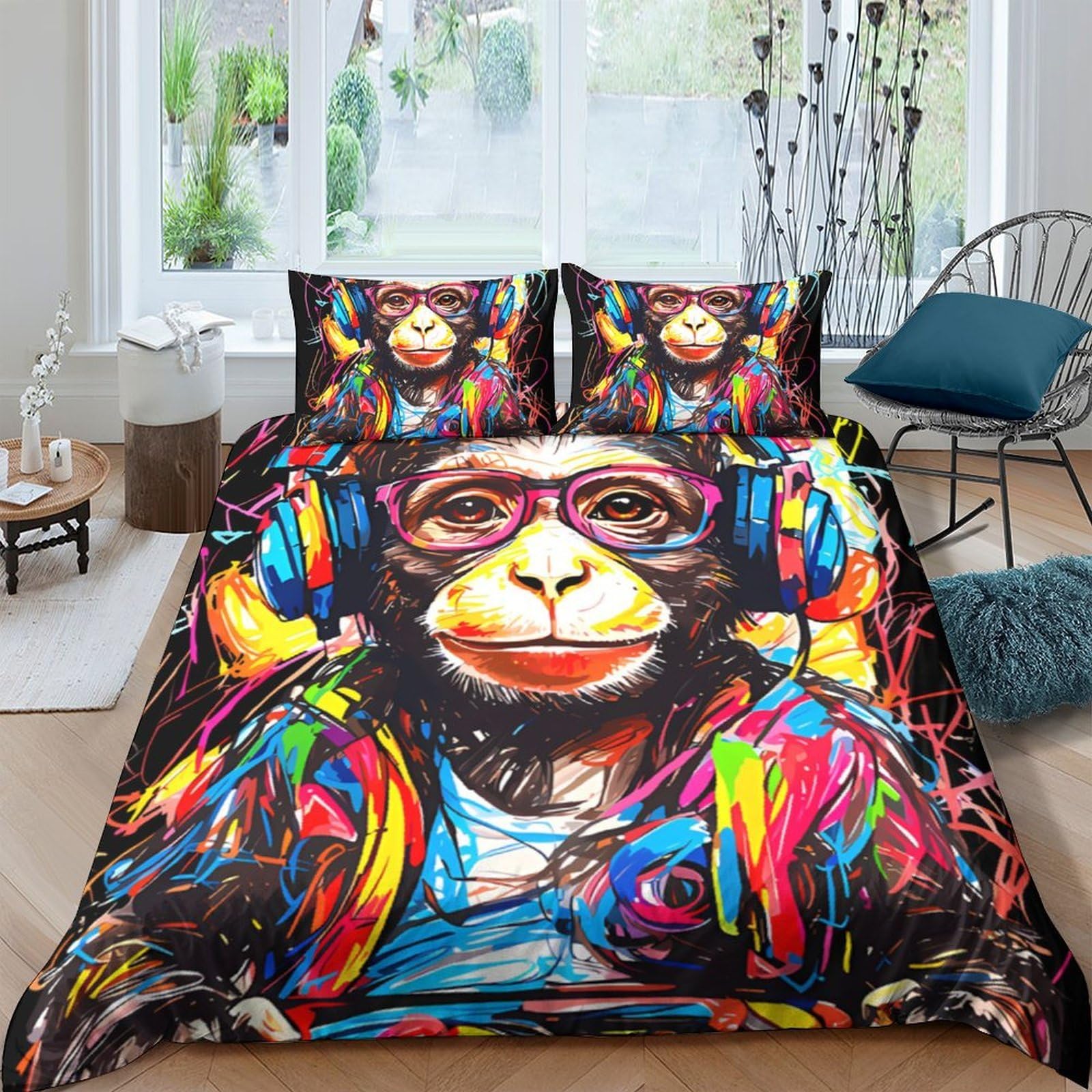 Ctjqhvkz Style-3 3D Printed Colorful Headphone Chimpanzee Fitted Sheet Microfiber Soft Breathable Graffiti Ape Mattress Cover For Bedroom Dorm Decor Single（135X200cm）