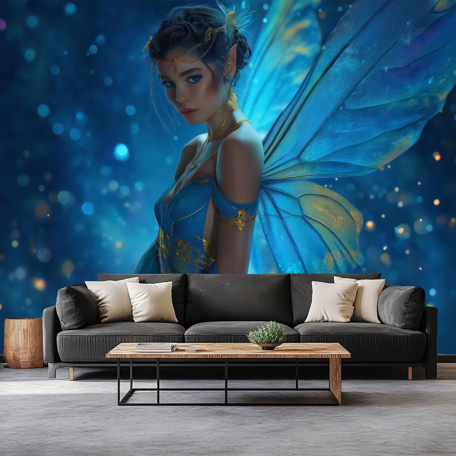 Genérico Fototapeta Fantasy Las Elegancka Wróżka 250 x 175 cm Wełna Tapeta XXL Fototapety Włóknina Dekoracja ścienna Salon Sypialnia Biuro Salon Niebieski