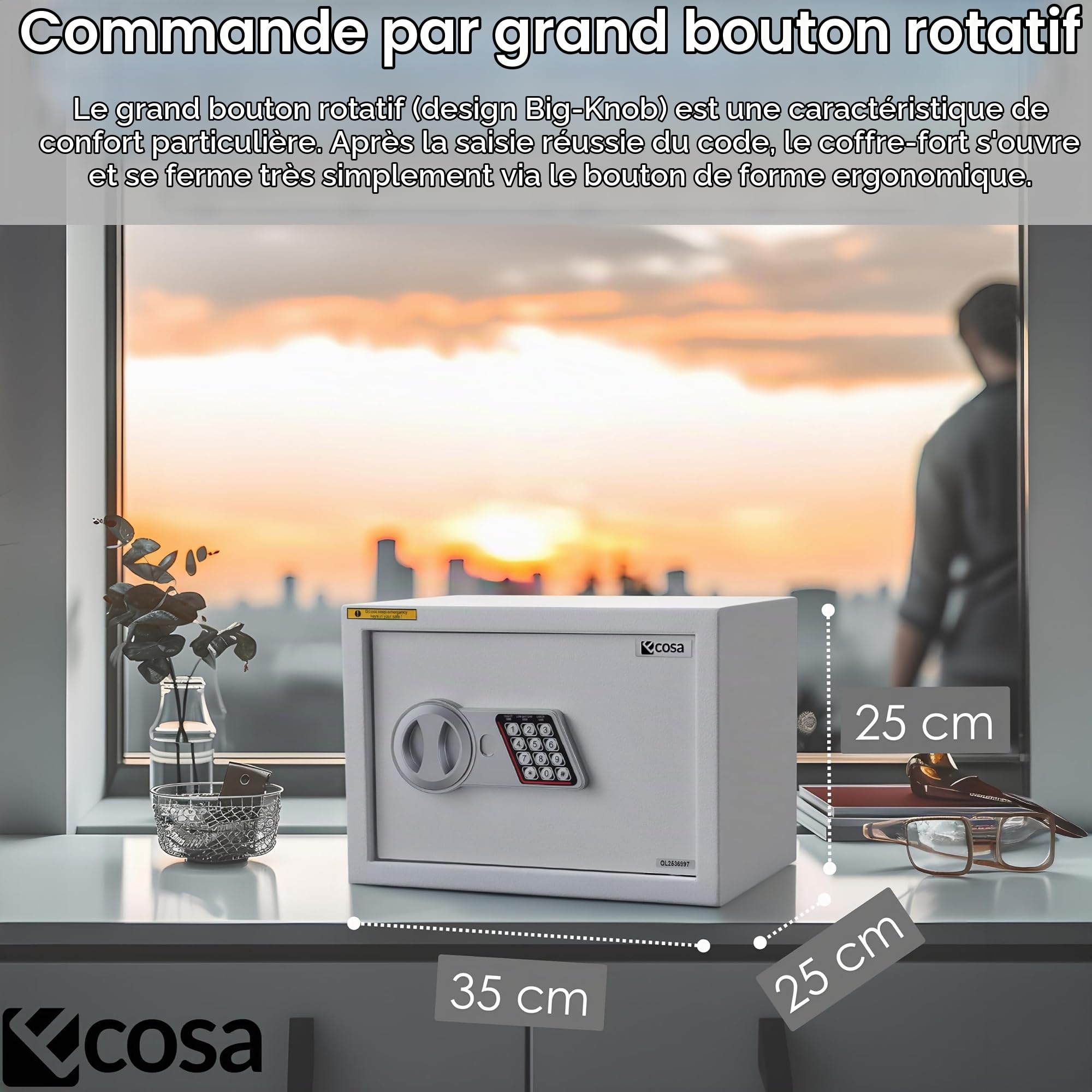 Ecosa Coffre-fort électronique 35 × 25 × 25 cm – Coffre-fort mural avec code chiffré et clé, coffre-fort pour la maison, verrouillage à double boulon extra épais, ignifuge, étanche