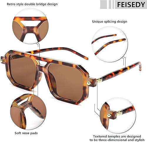 Miniatura 69 de Feisedy - B2622 - Lentes de sol estilo aviador, cuadrados, clásicos de los años 70, unisex, con montura clásica retro y elegante, UV400 Marco