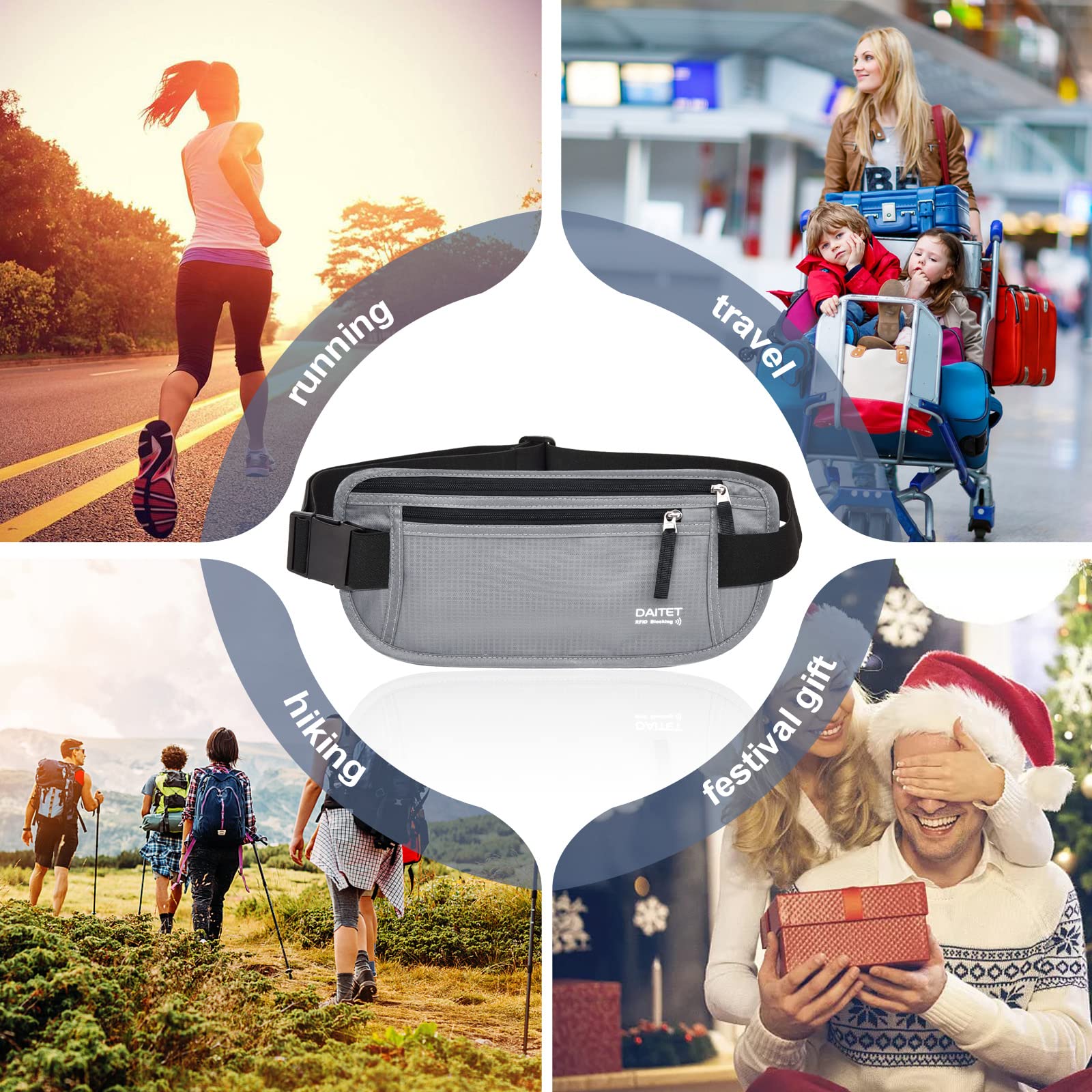 Pasek na pieniądze blokujący RFID dla mężczyzn i kobiet, wąski nerka na podróż, do biegania, ukryty portfel na paszport, telefon, gotówkę, Czarny jasnoszary, Rfid Blocking & Belt Wide:1.45Inch,