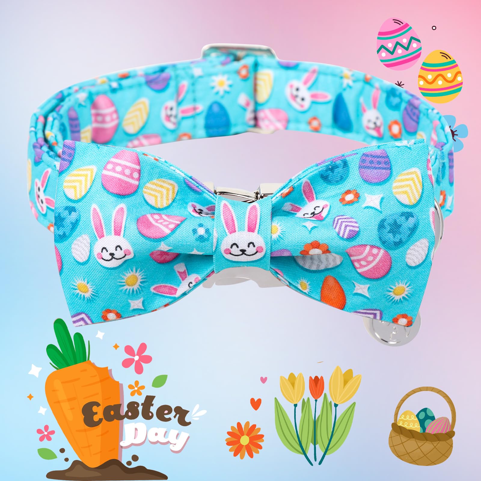 DOGWONG Cotton Easter Dog Collar with Bowtie, Soft Adjustable Blue Rabbit Easter Day Collar for Small, Medium, Large Dogs