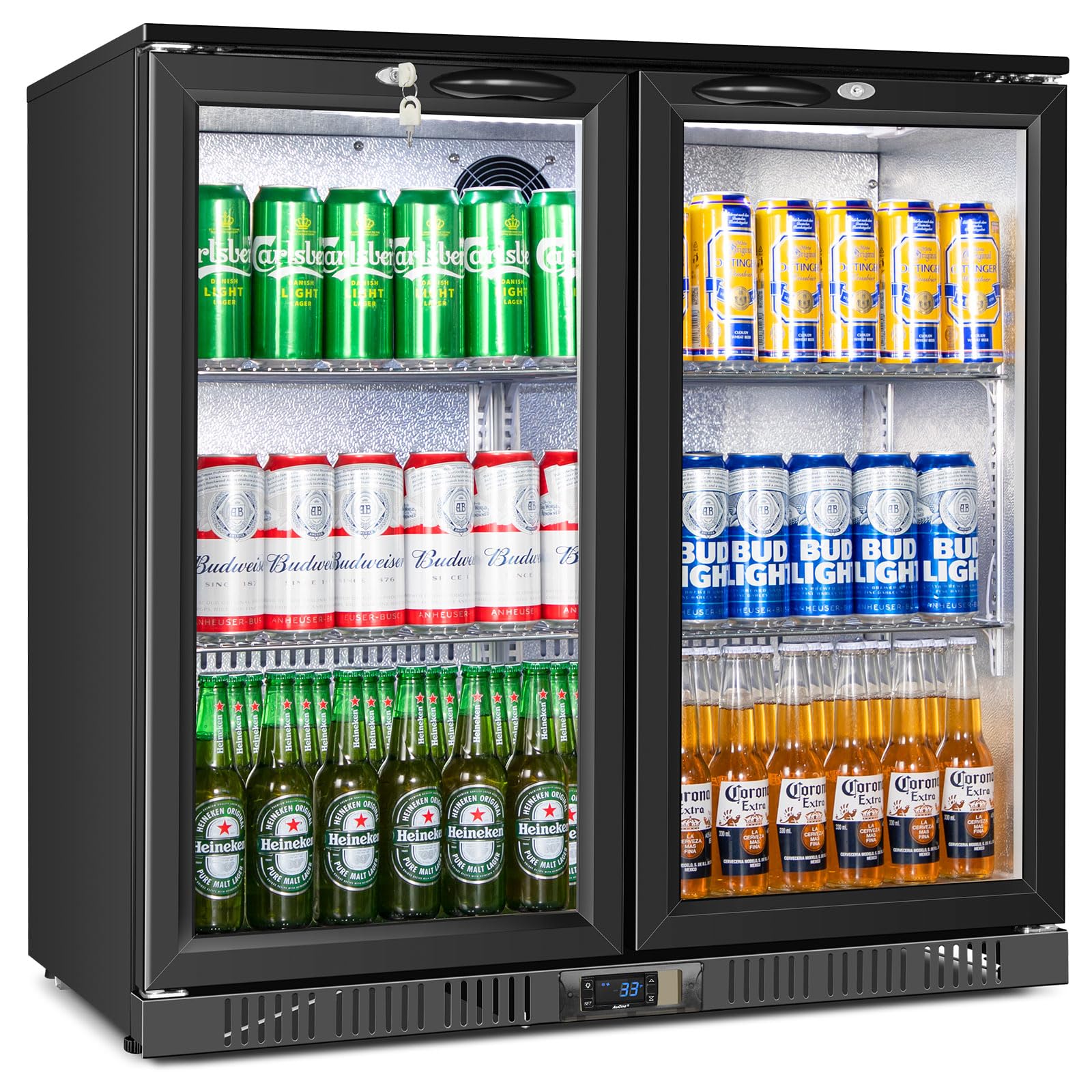 Velieta VT-CD330H-02 Beverage Refrigerator with two glass doors, filled with various beverages.