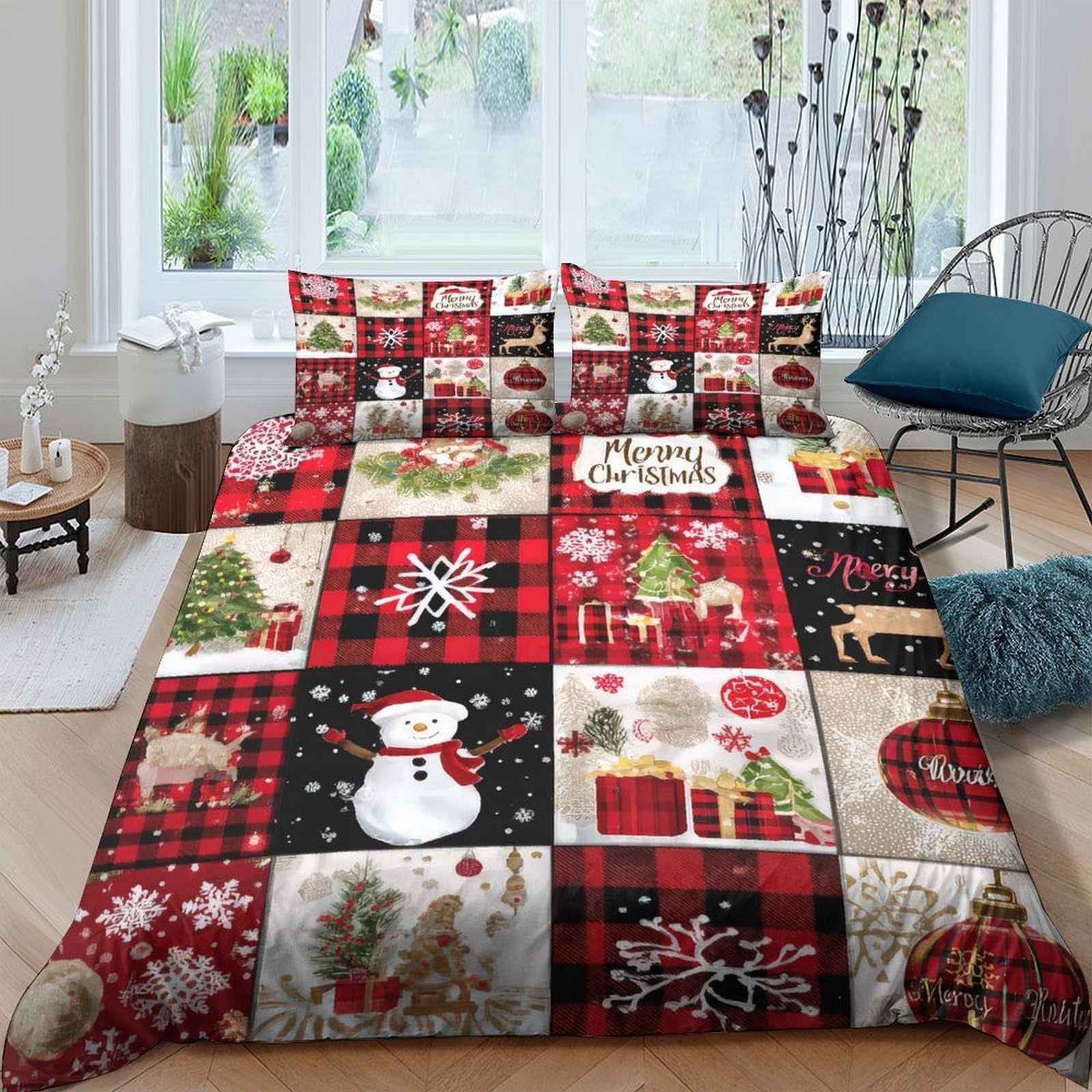 Ctjqhvkz Style-2 3D Printed Christmas Patchwork Fitted Sheet Microfiber Red Black Plaid Snowman Bed Cover For Bedroom Dorm Easy Care Single（135X200cm）