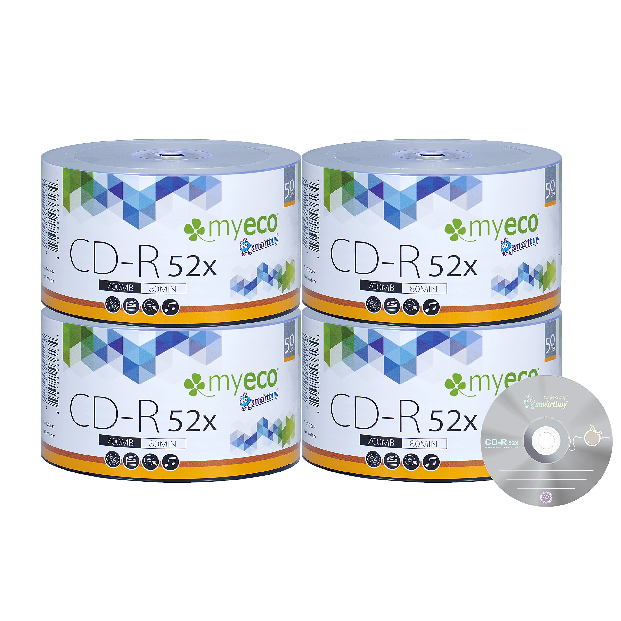 200 Pack MyEco CD-R CDR 52X 700MB 80Min Economy Branded Logo Top Write Once Blank Media Record Disc