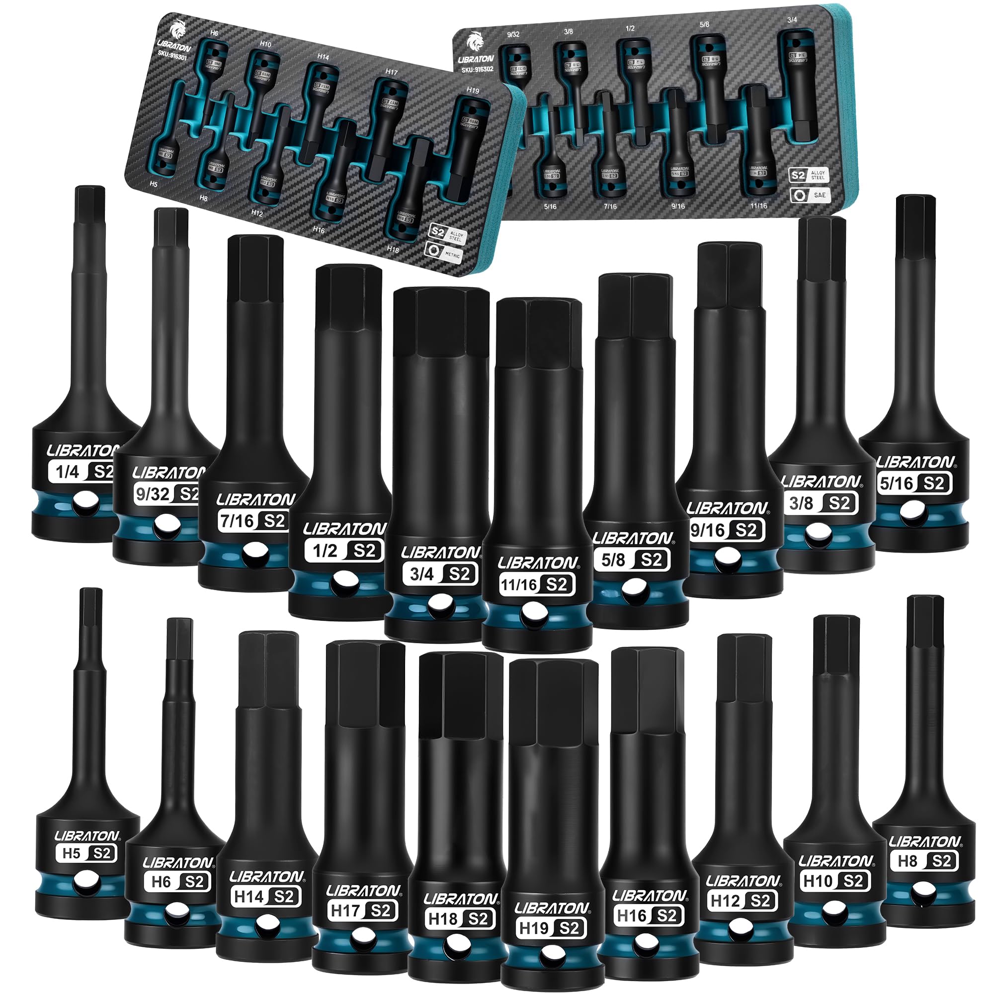 LIBRATON Impact Hex Bit Socket Set, 1/2" Dr, S2 Steel, Metric & SAE 20PCS (H5-H19 & 1/4"-3/4") High Torque Sockets for Professional Mechanics &