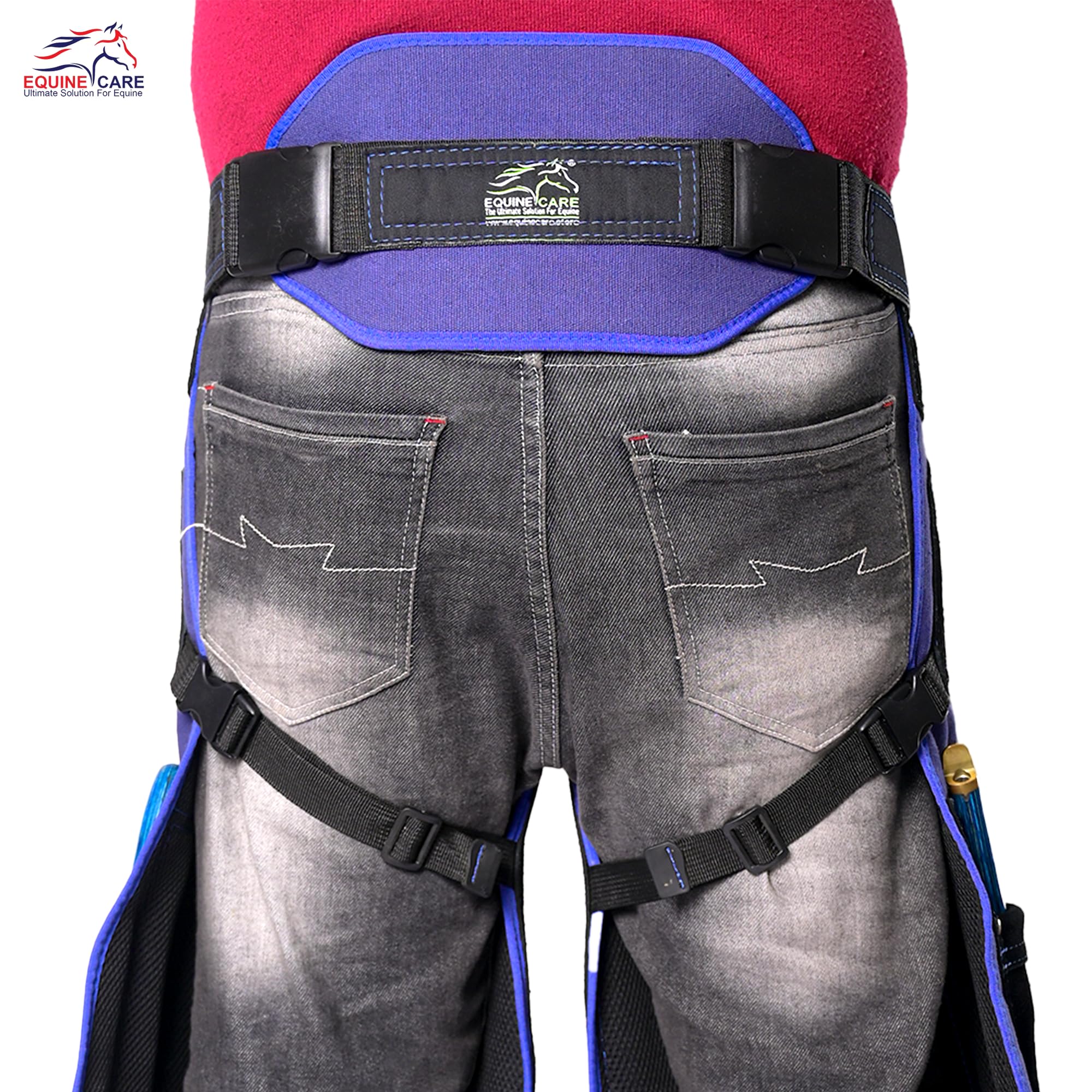 Equine Care Hoefsmid Chaps Koeienhuid Suède Leer & Canvas Schuim Gewatteerde Schort Smid Schort Ademende Lucht Mesh Voering 4 Meszakken., Blauw en zwart, (25 Inch - 65 CM