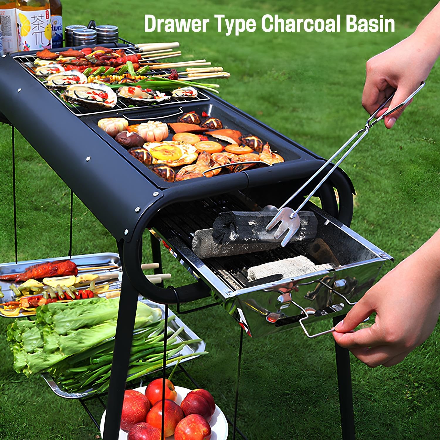 Parrilla portátil de acero extraíble con concepto deslizante para los amantes de la barbacoa, color negro, perfecta para cocinar al aire libre y portón trasero