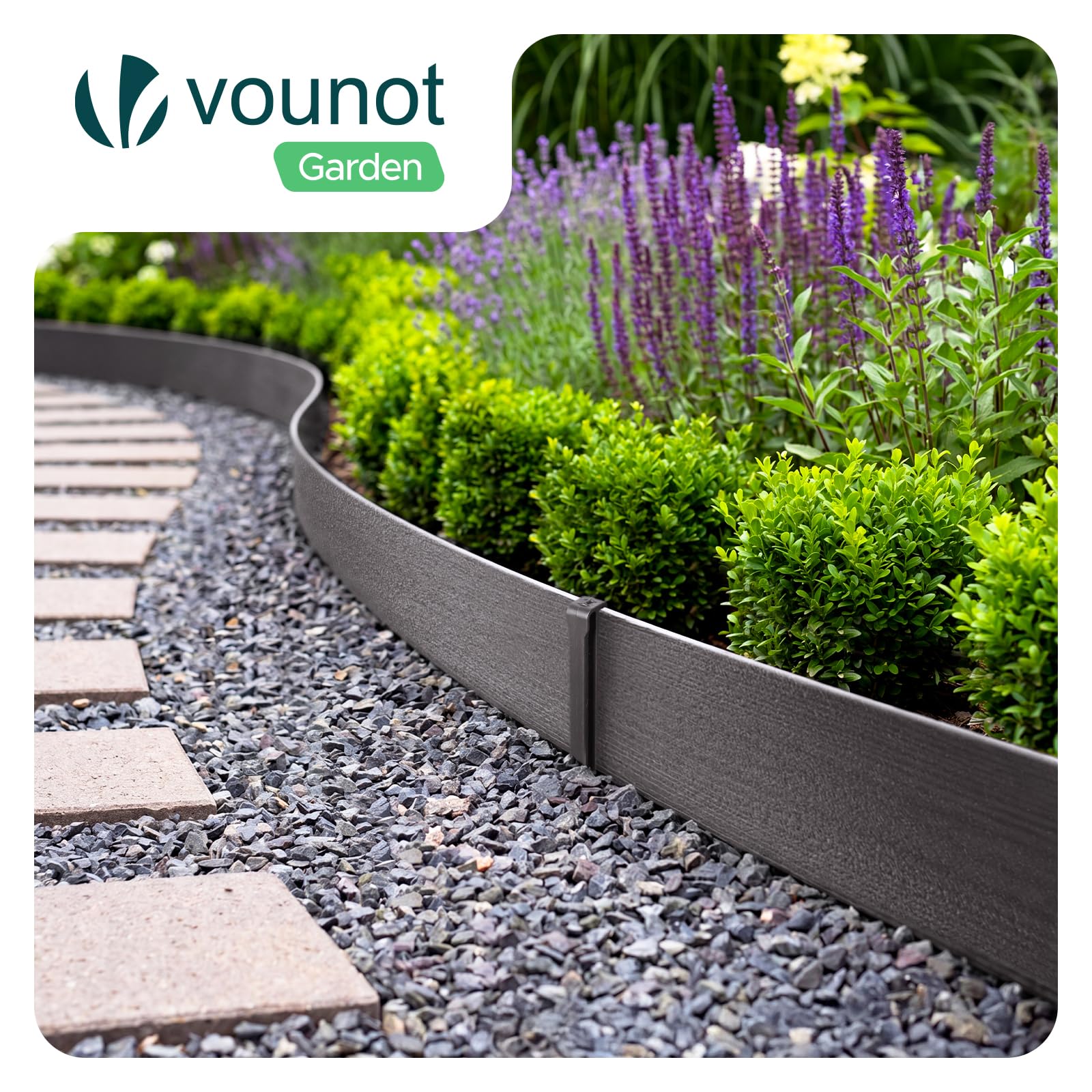VOUNOT® Bordure de Jardin en PE 20 mètres avec 12 Piquets d’ancrage Bordure de Gazon Flexible Bordurette de Pelouse Aspect Naturel Hauteur 13cm Epaisseur 3mm Gris