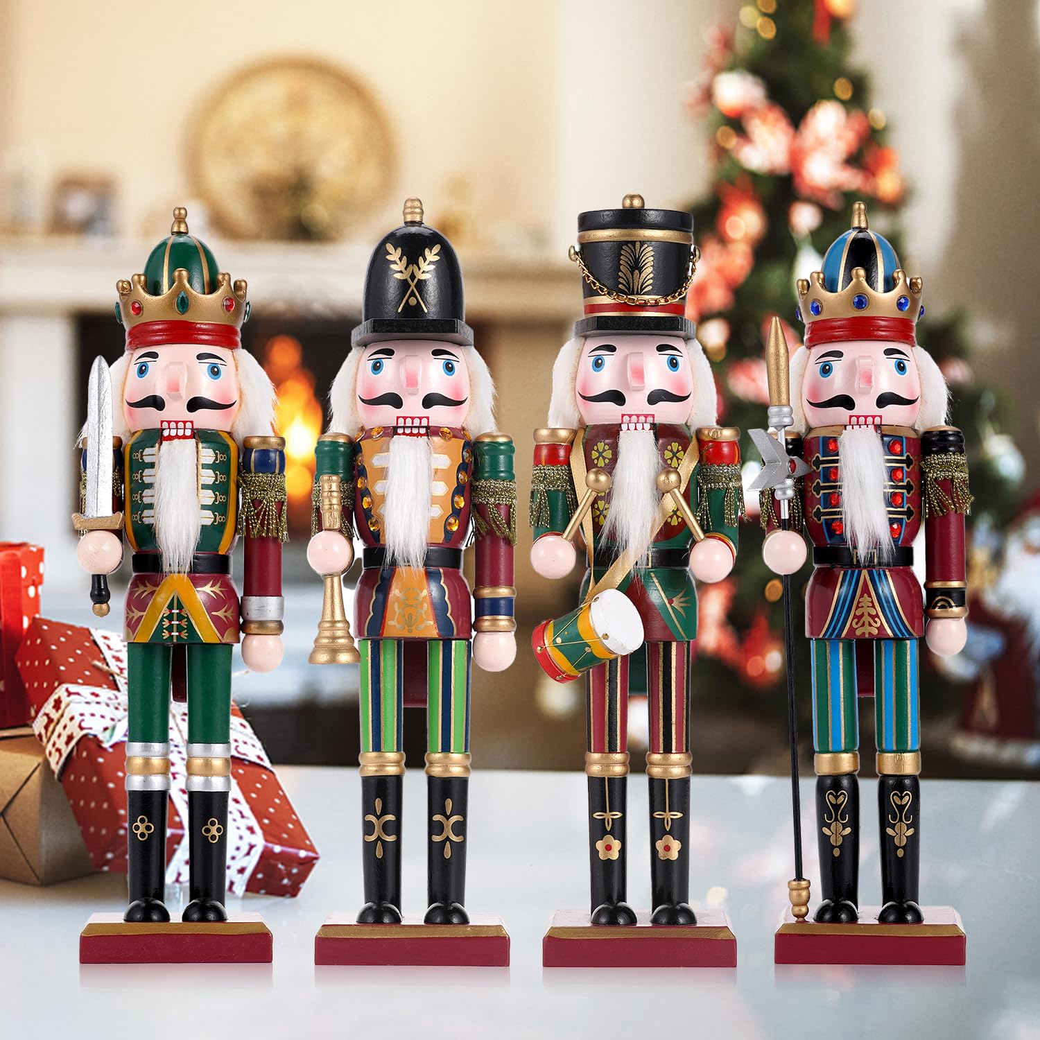 Lot de 4 décorations de Noël en bois soldat casse-noisette, figurines traditionnelles peintes de 30 cm, fête de Noël festive à collectionner pour la maison, la cheminée, le sapin de Noël
