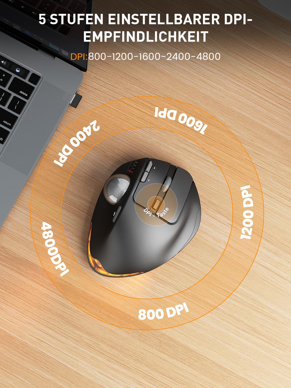 SABLUTE MAM1 Pro Ergonomische Trackball Maus Kabellos, RGB, Bluetooth & USB | Wiederaufladbare Maus mit Daumensteuerung, 5 DPI Stufen, Beleuchtung, Verbindung mit 3 Geräten für PC, Laptop, Mac, Windows