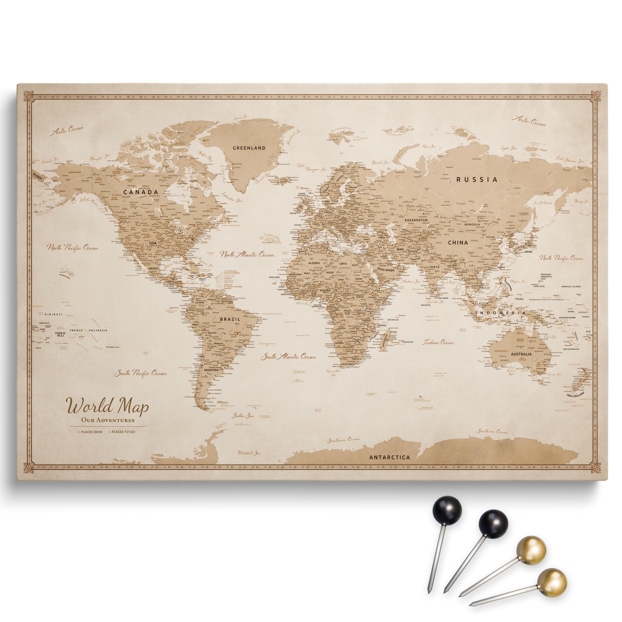 Personalized Push Pin World Map on Cotton Canvas, Travel Tracker with 100 Pins, Custom Wall Decor to Mark Travels, Ready to Hang (Design 1, 70 x 50 cm)