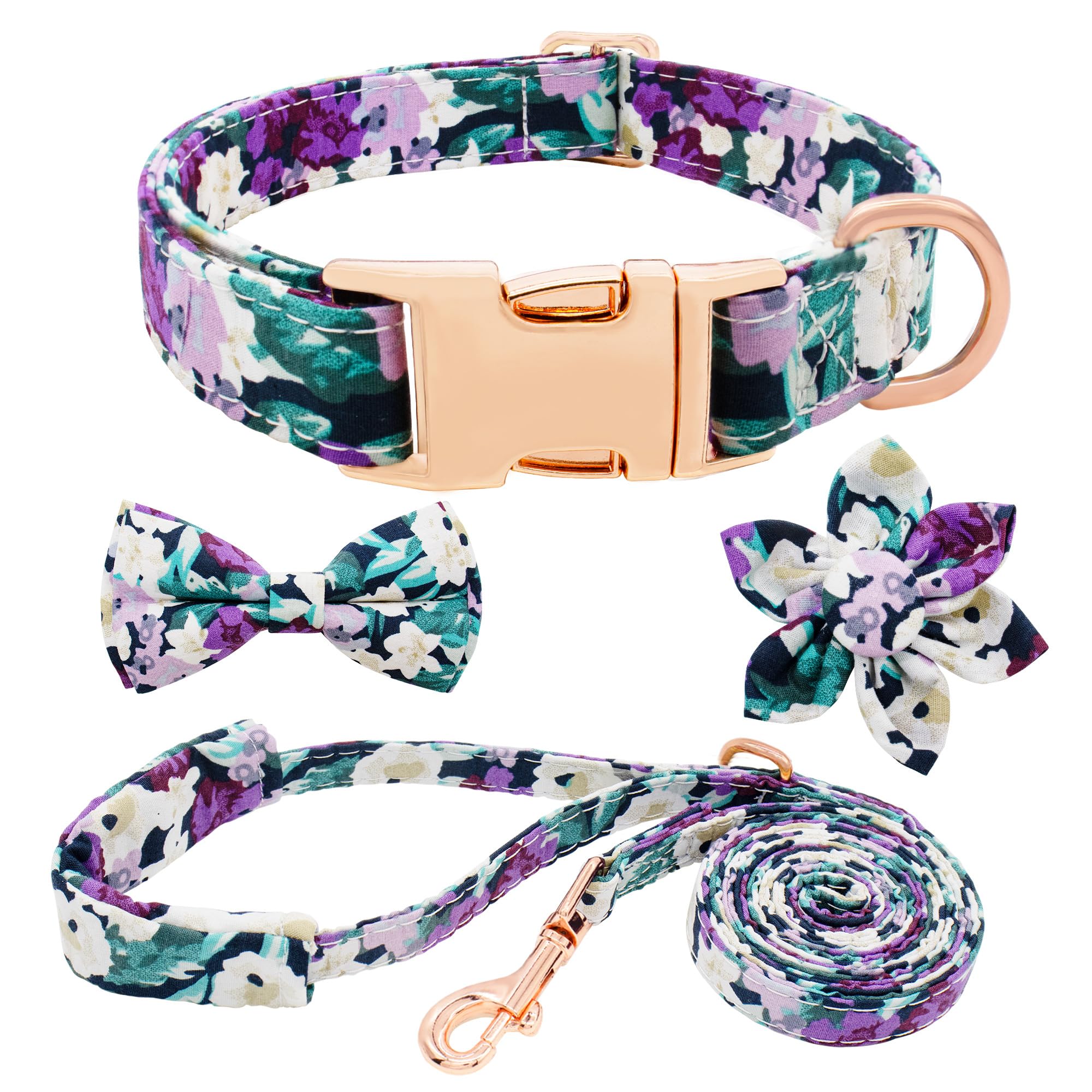 Dote on Dog Collar and Lead Set including Bow Tie, Girl Dog Collar with Detachable Flower with Strong Gold Buckle