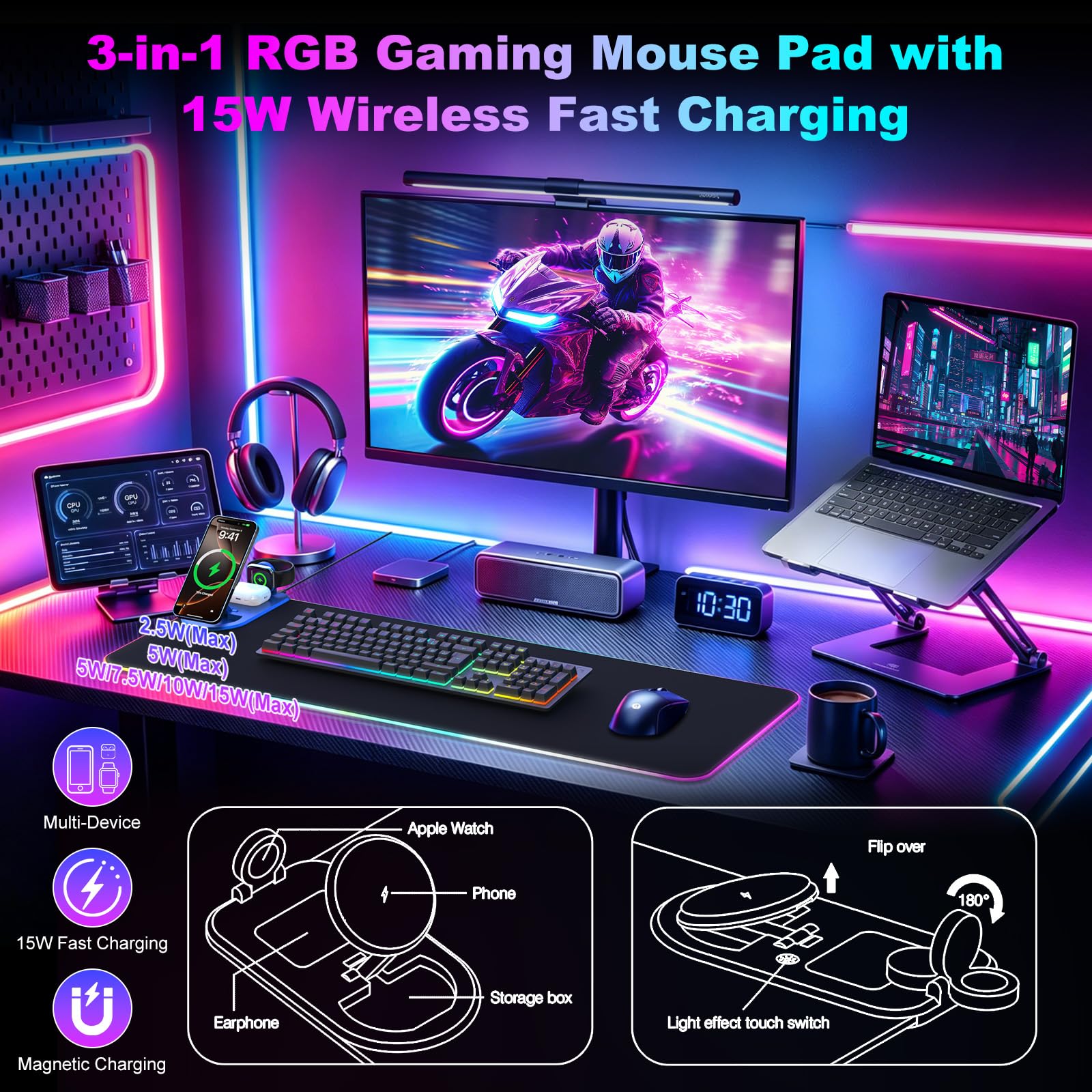 besky Tappetino per mouse da gioco RGB con supporto pieghevole per telefono, stazione di ricarica magnetica 3 in 1, grande tappetino da scrivania, superficie impermeabile, base in gomma antiscivolo