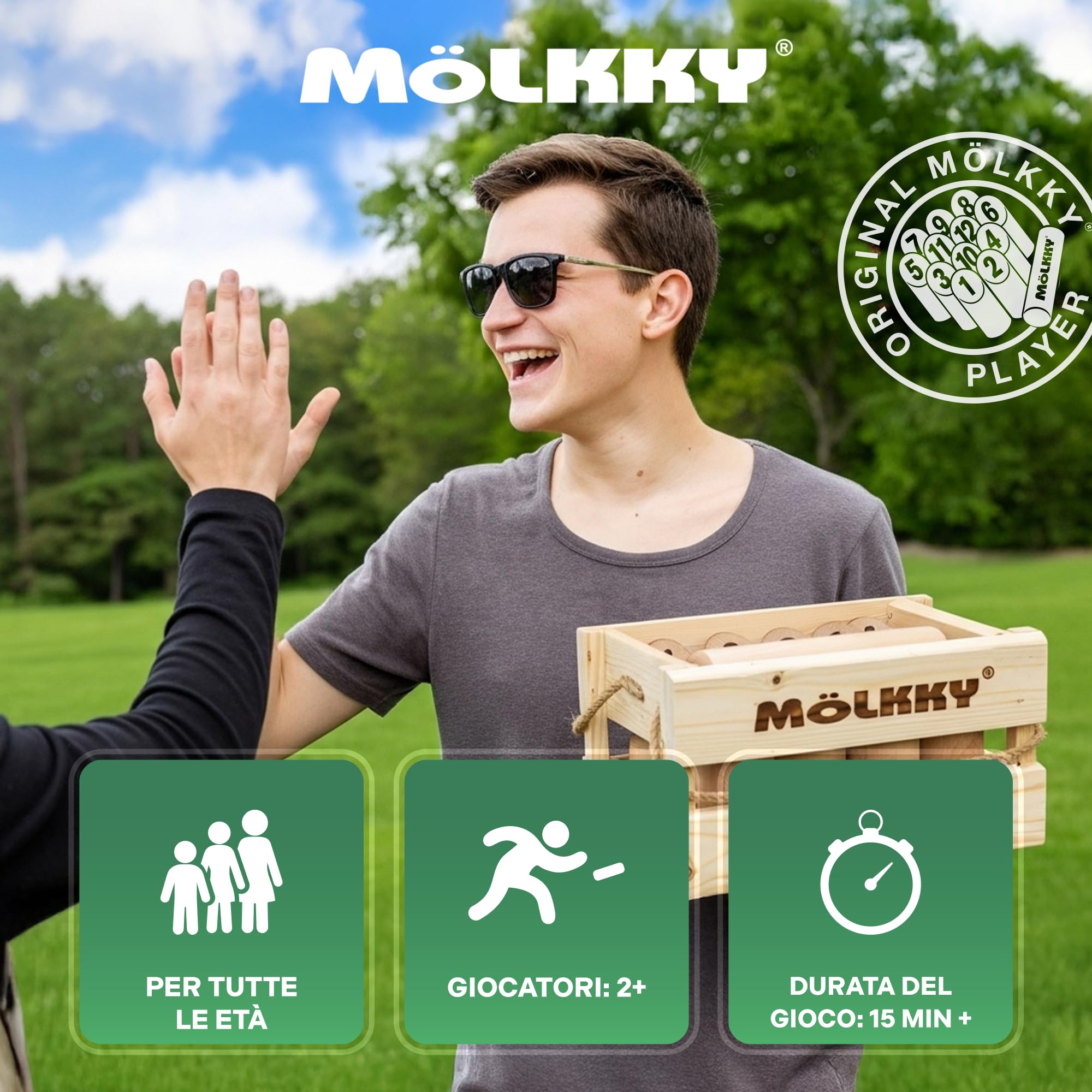 Mölkky Original - Giochi da Lancio all'aperto per Giardino, Spiaggia, Feste - 12 Birilli in Legno di Betulla, 1 Bastoncino, Giochi all Aperto Adulti, Famiglie, Gruppi, 2+ Giocatori, età 6+