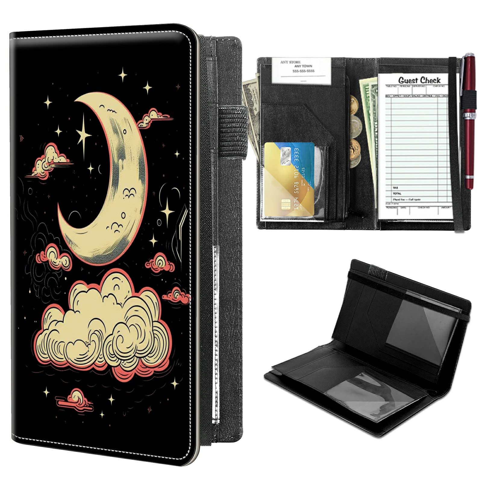 High Volume Server Books, Moon Cloud Server Book w/ 2 Expandable Pockets 9 x 5 Cute Waitress Book Zipper Pocket & Strap Closure Waitstaff Organizer Server Booklet Waiter Money Wallet