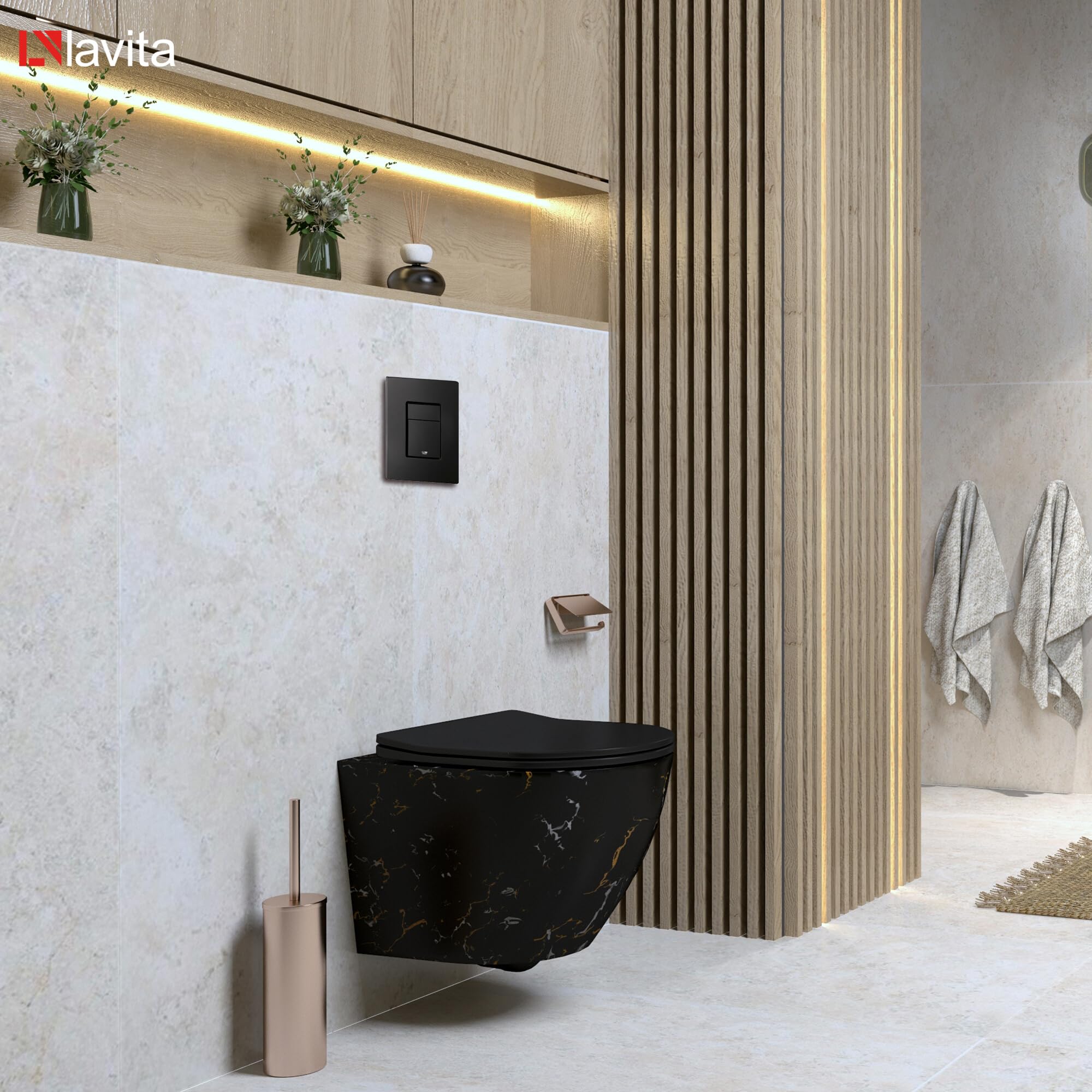 LAVITA Elemento de pared Solido + pared colgante WC Sofi Slim Fire negro sin borde + asiento de inodoro con descenso automático botón negro juego completo cisterna inodoro completo