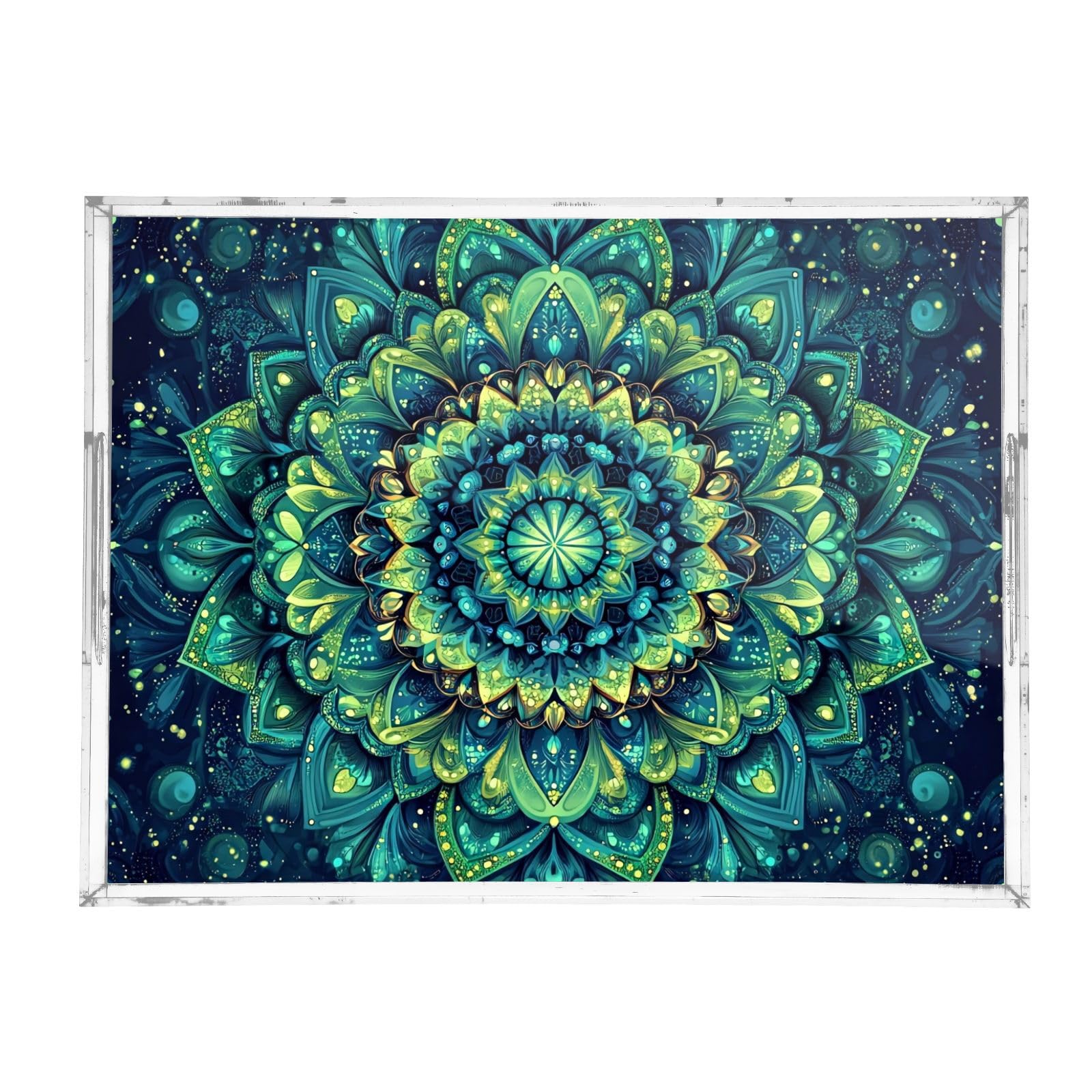 Msyxl Mandala Abstract Serving Tray for Coffee Table, Decorative Acrylic Tray Mandala Abstract Tray with with Handles for Breakfast, Ottoman, Countertop, 12x16 in