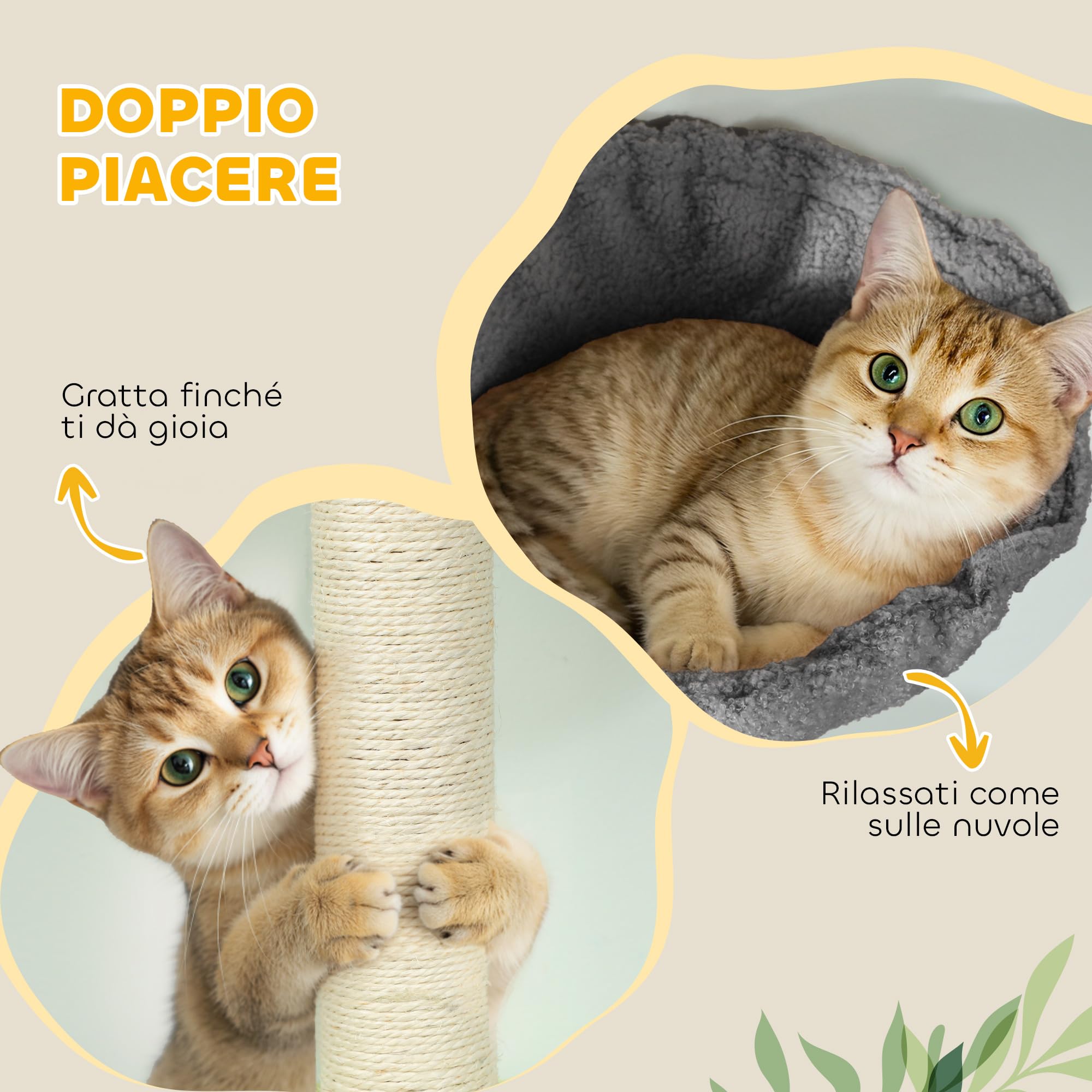 PawHut Albero per Gatti a Soffitto 5 in 1 Alto 220-240 cm, Torre per Gatti con Amaca, Casetta, Piattaforme a Fiore e Pali in Sisal, per Gatti fino 5 kg e Gattini, Grigio Scuro