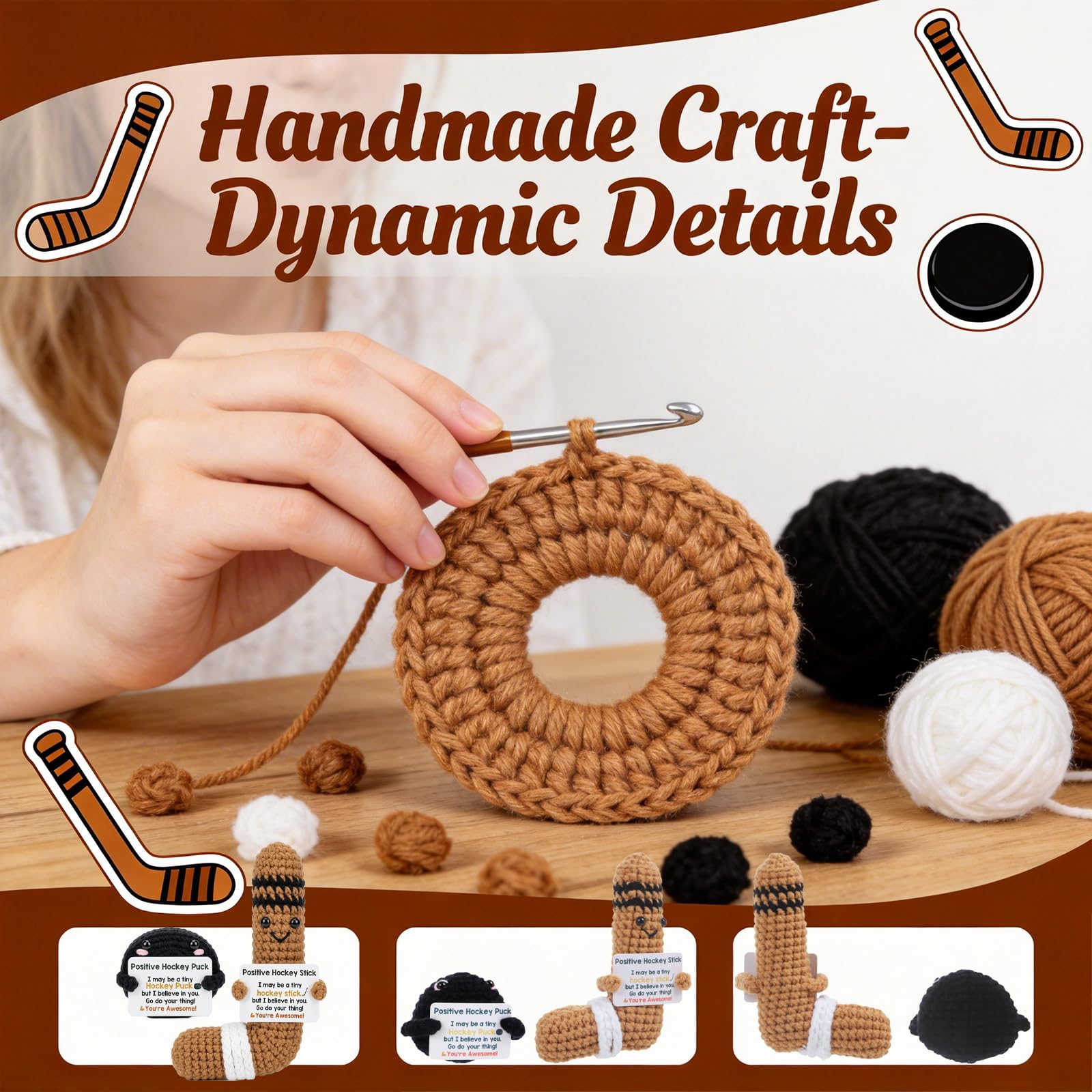 Positive Crochet Hockey Gift Set, Handmade Knitted Hockey Stick Puck with Card, Emotional Support Sports Gift for Teammates Men Women, Cute Cheer Up Birthday Gifts for Hockey Players