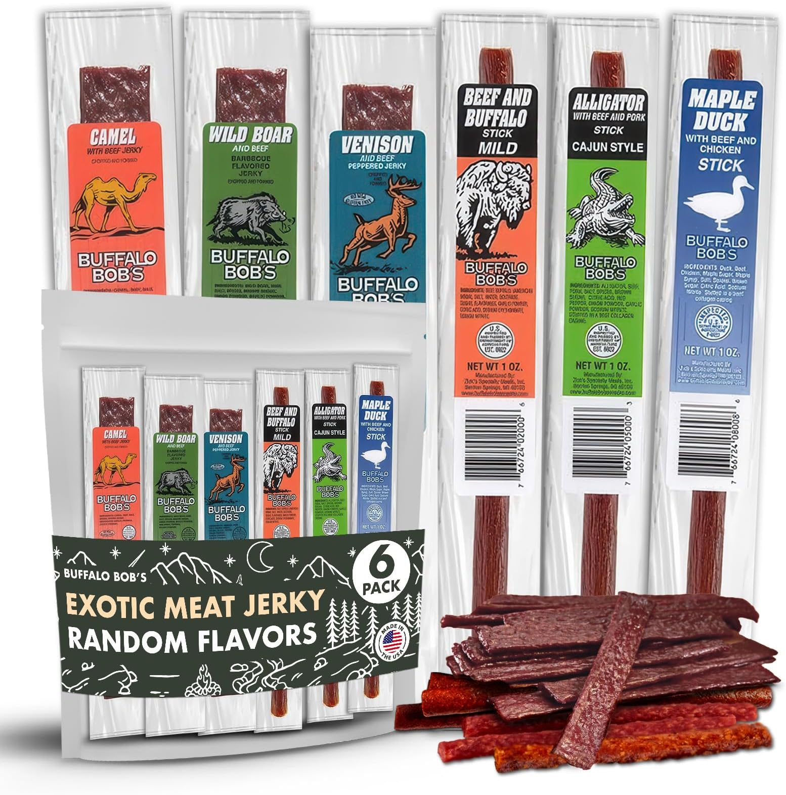 Buffalo Bob's Wild Game Meat Snacks (6 Pack) | Exotic Snack Sampler Box | Gift Baskets for Men | Beef Jerky Gifts | Dad Snack | Random Gifts for Men | Jerky Gift Set | Random Pack