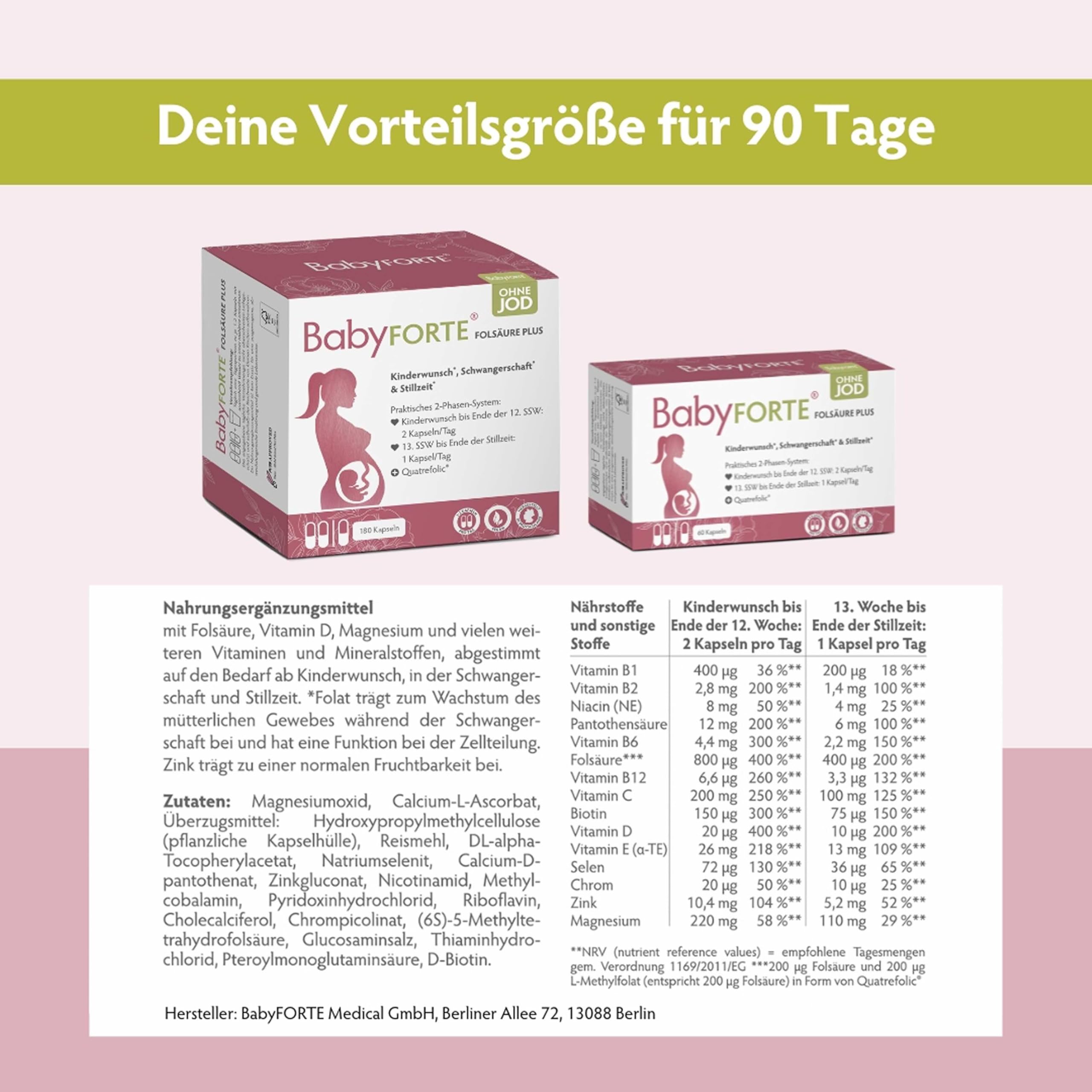 BabyFORTE Folsäure Plus OHNE JOD | Schwangerschaftsvitamine | vegan | 180 Kapseln | jodfreie Kinderwunsch Vitamine | alle B-Vitamine
