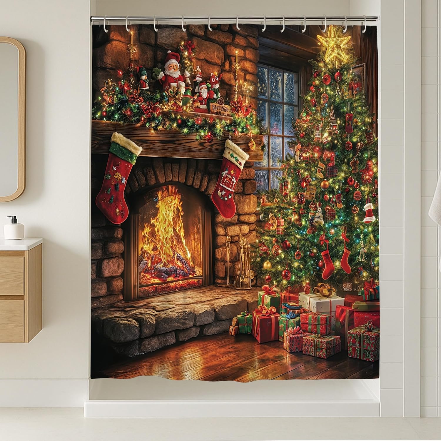 Fun Christmas Tree Shower Curtain Set, Oil Painting Xmas Fireplace Shower Curtain, Holiday Happy Bathroom Accessories, Polyester Fabric Decorative -72''x72''