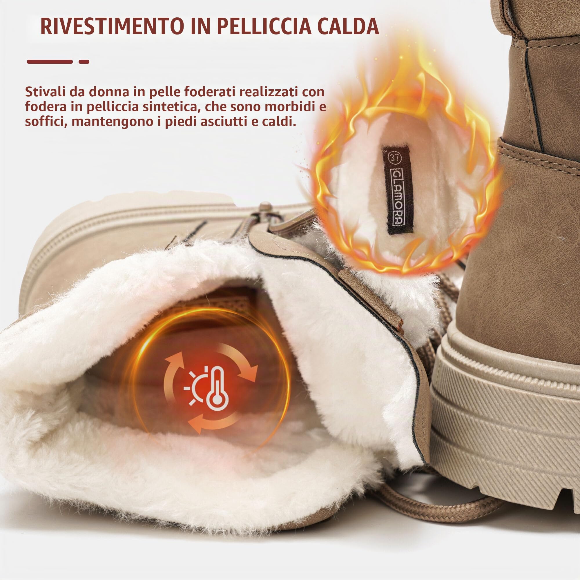 GLAMORA Stivali da Neve Donna, Stivaletti Invernali Caldi Idrorepellenti con Pelliccia Sintetica, Lacci e Cerniera Laterale, Scarponcini con Suola Antiscivolo per Città e Passeggiate