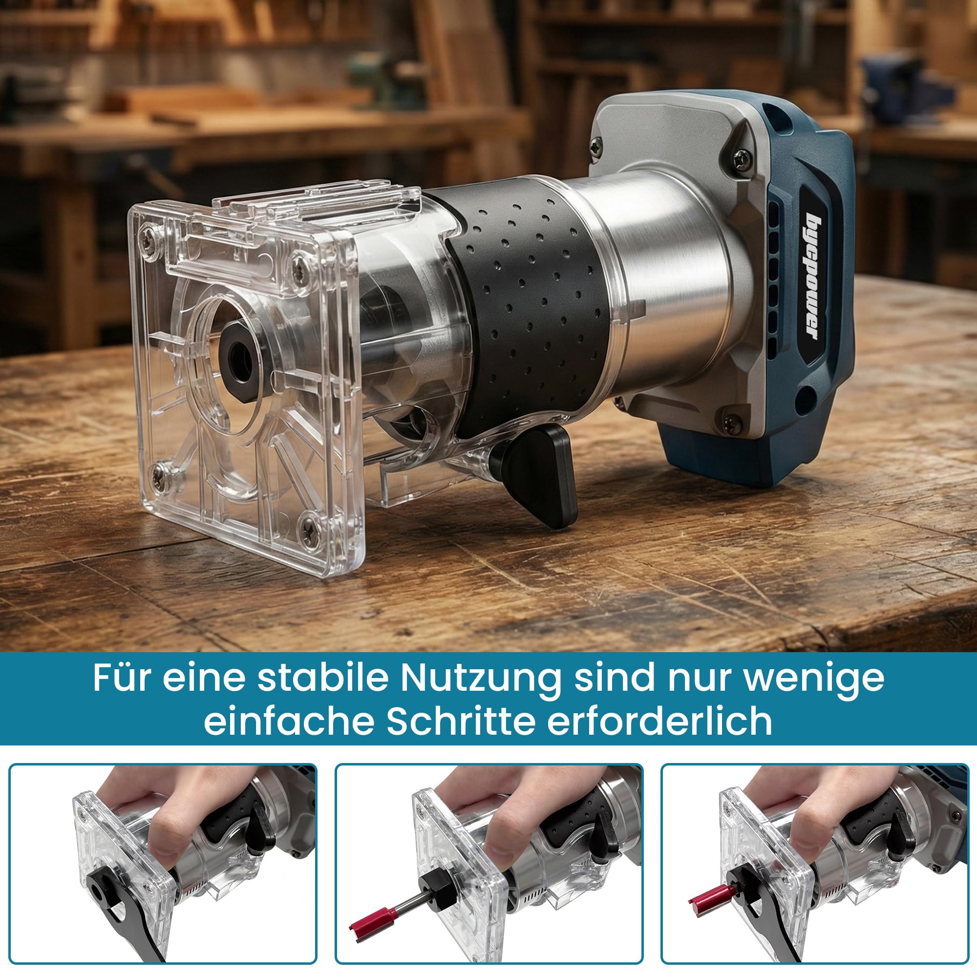 Akku Oberfräse für Bosch 18V Akku, 30000 RPM Bürstenloser Motor, 5-Stufen Kantenfräse, Kabellose Holzfräse mit 6,35mm Durchmesser, mit 15pcs 1/4" Fräser für Holz & Kunststoff (ohne Akku)