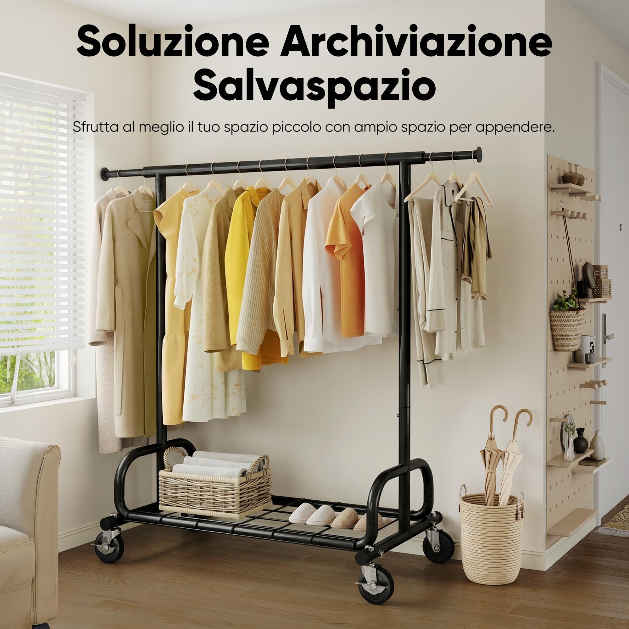 HOKEEPER Appendiabiti da Terra Resistente 136kg, Barra Estensibile con Ruote Bloccabili e Ripiano, Salvaspazio per Camera da Letto, Appartamento Piccolo, Lavanderia, Nero