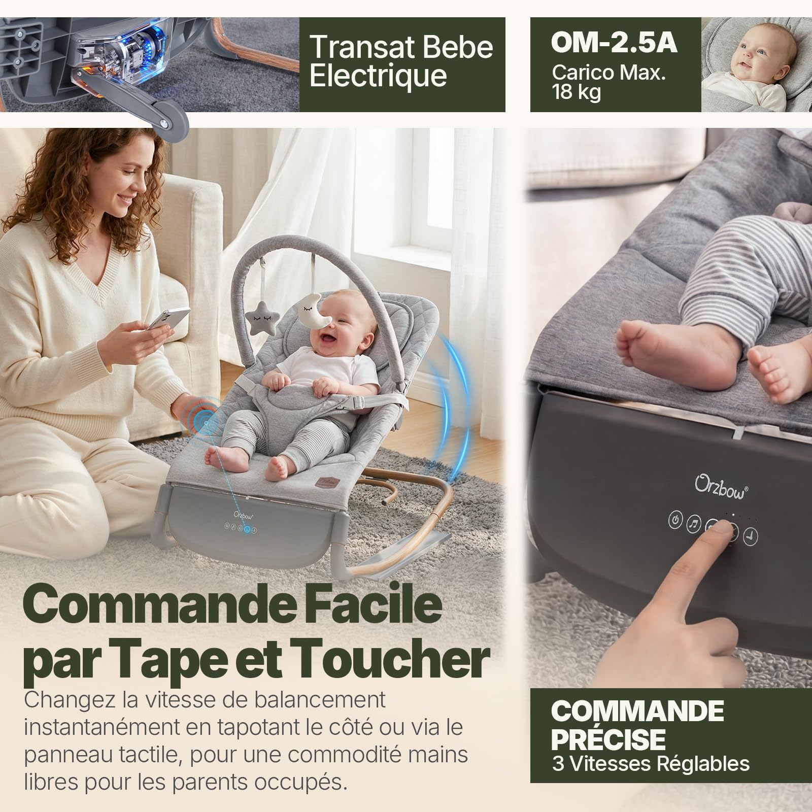 Transat Bebe Electrique, Balancelle Bebe Electrique Evolutif avec Capteur de Tapotement, 3 Vitesses & Panneau Tactile, 2 Modes Minuterie (30/60 Min), 8 Berceuses, 0-12 Mois, à 18 kg, Gris Perle