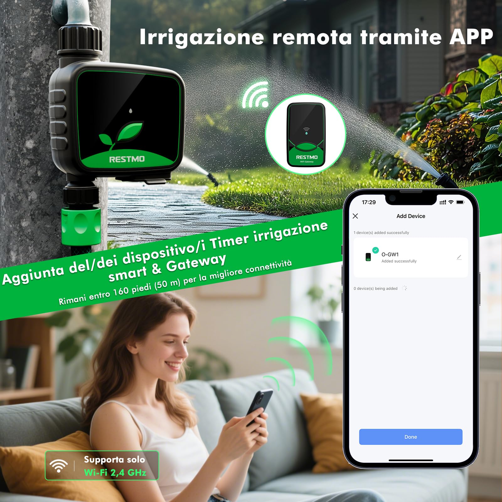 RESTMO computer WiFi, timer programmabile irrigazione, 3 modalità, adatto per rubinetti esterni e prato, 1 zona