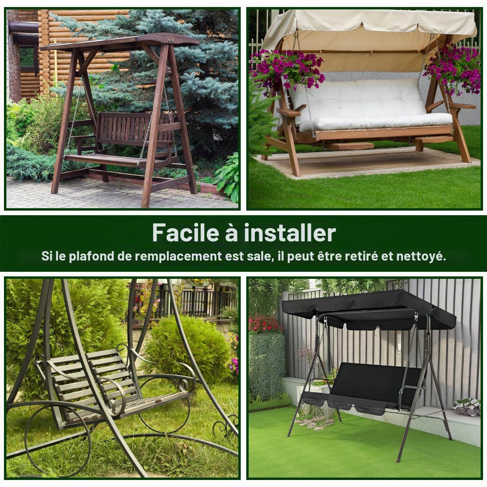 Toit pare-soleil pour balancelle de jardin - Universel - 195 x 125 x 15 cm - Auvent d'extérieur imperméable - Pour balancelle de jardin - Vert foncé