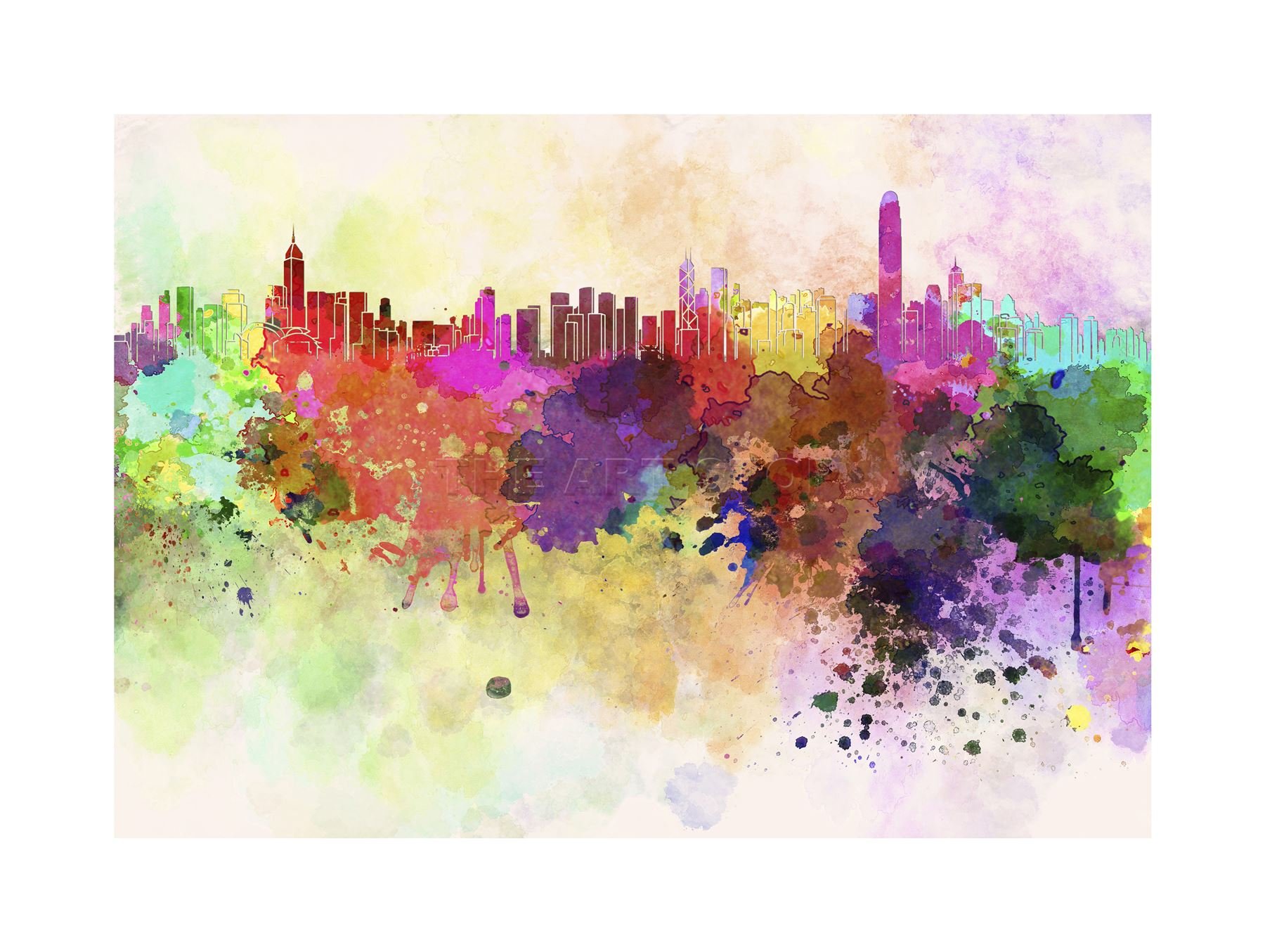 Wee Blue Coo Painting Cityscape Hong Kong Paint Splash Skyline Picture Wall Art Print