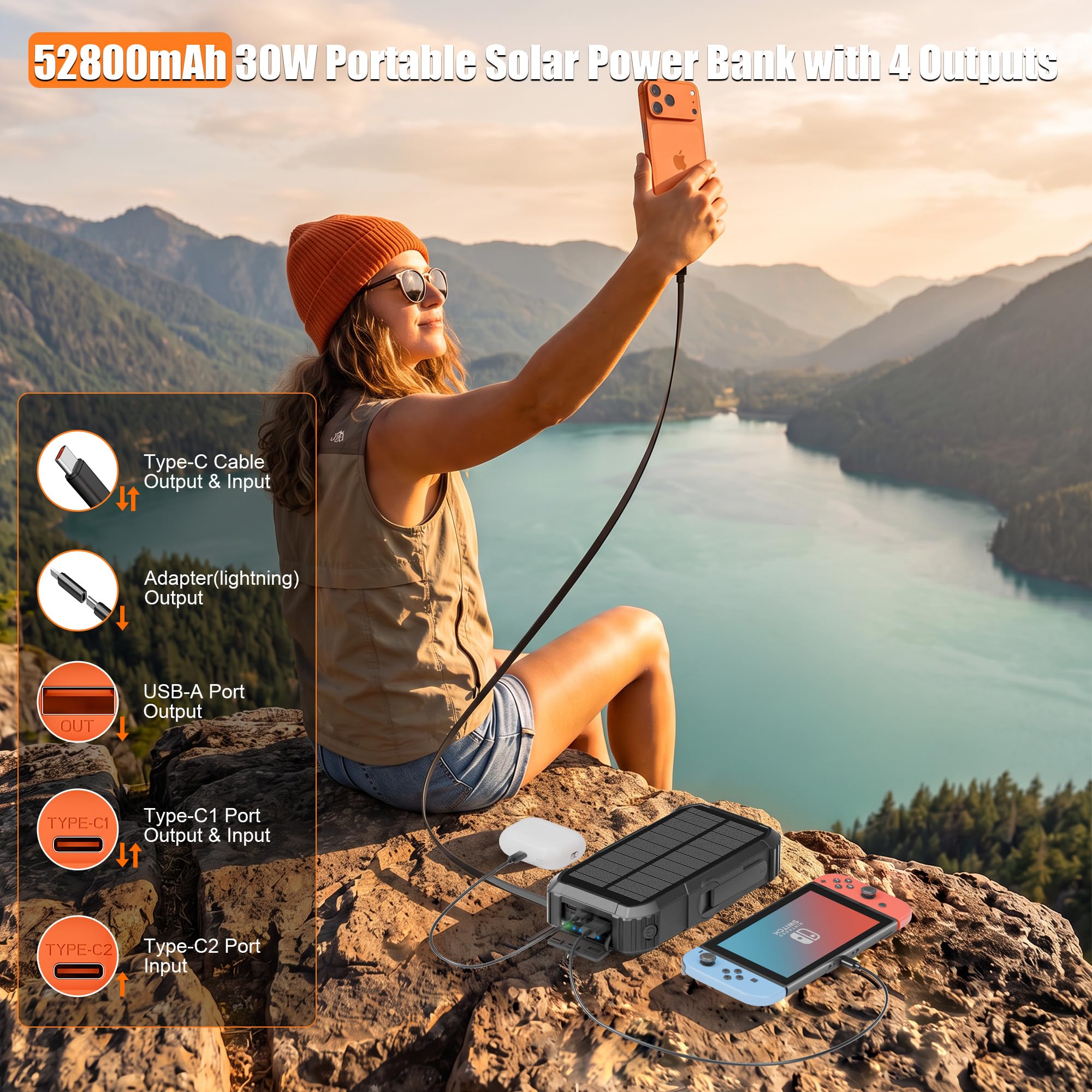 52800mAh Power Bank Solare 30W PD Caricabatterie Portatile a Manovella con Cavo Retrattile e Adattatore Lightning, 4 Uscite, Luce LED, Bussola Batteria Esterna per Campeggio ed Emergenza