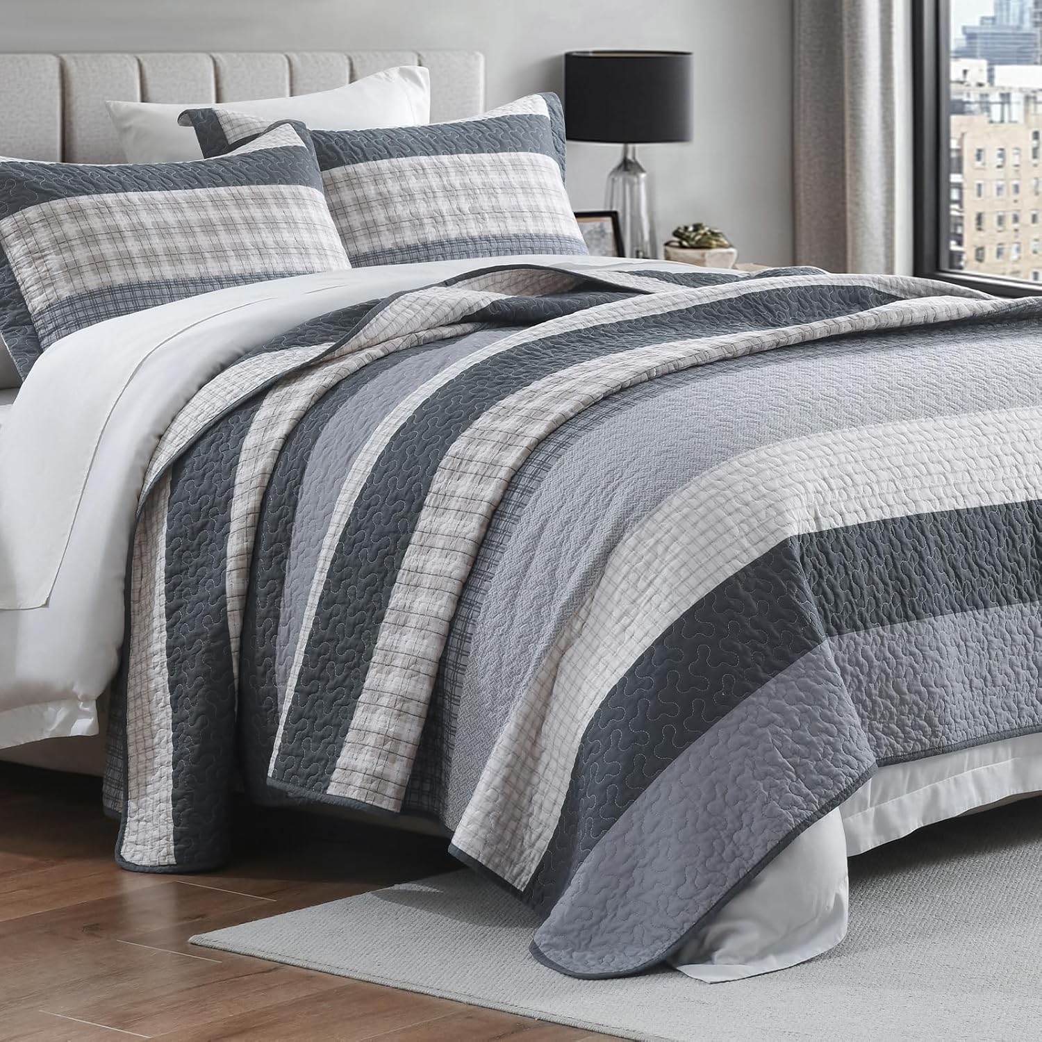 SahSahCasa Quilt Set King Size, 100% Cotton, King Comforter Set, Striped Quilted Bedspreads, Farmhouse King Bedding Set, Lightweight Bed Spread for All Season, Gray/Beige, 3pcs - Image 9