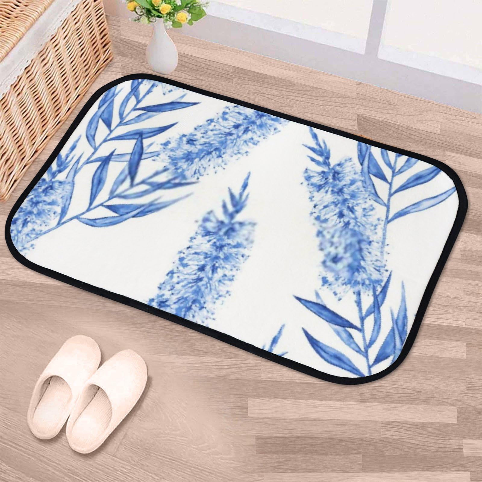 Nuansexi Bathroom Rugs Blue White Flower Floor Mats Non Slip Bathmat Doormat Tub Mat Coral Velvet Absorbent Entrance Carpet Mats Machine Washable Bedroom Decor