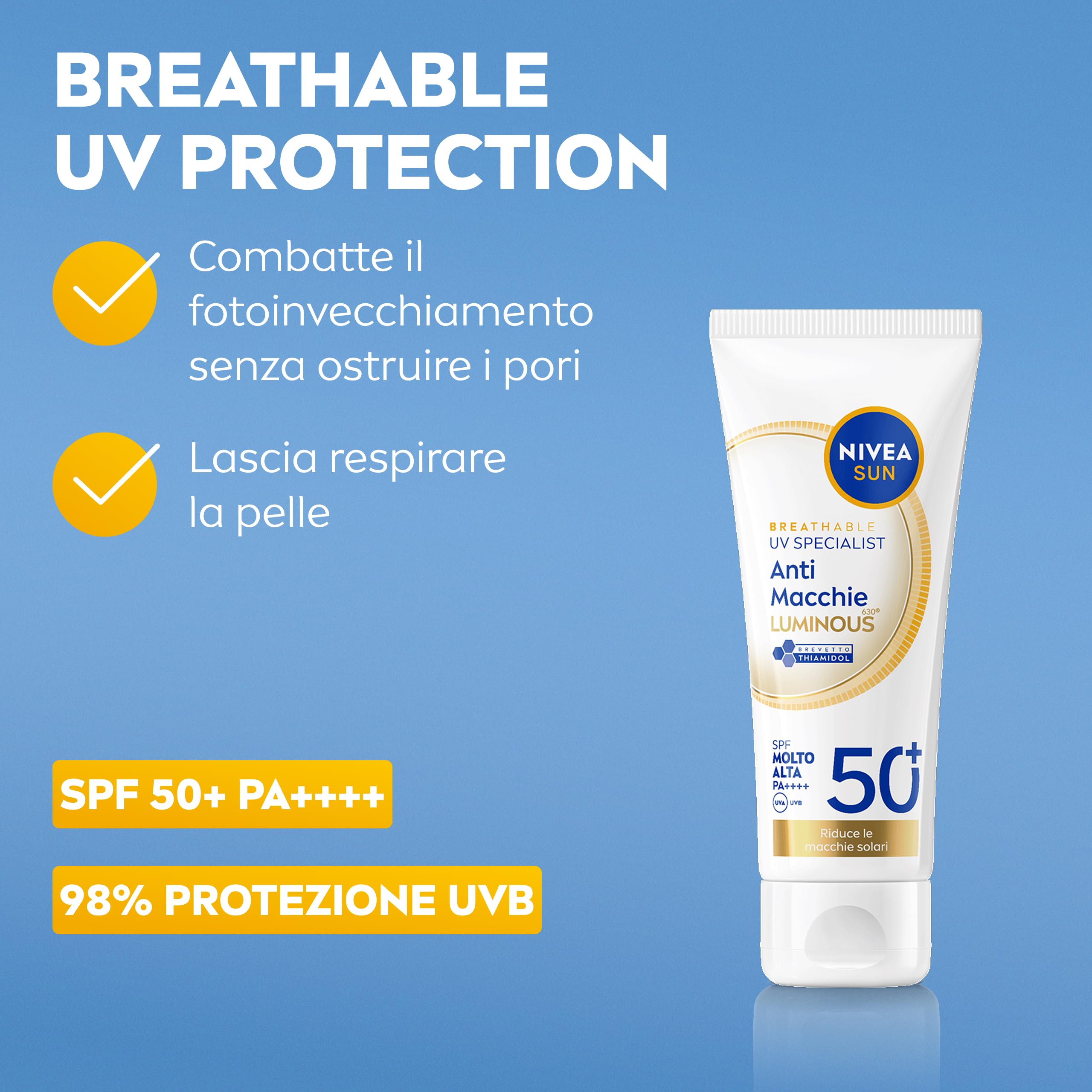 NIVEA SUN Luminous630 Crema Solare Viso SPF 50+ 40 ml, Protezione solare anti-macchia in fluido leggero, Crema antimacchie viso con Thiamidol brevettato, Non comedogenica, Tutti i tipi di pelle